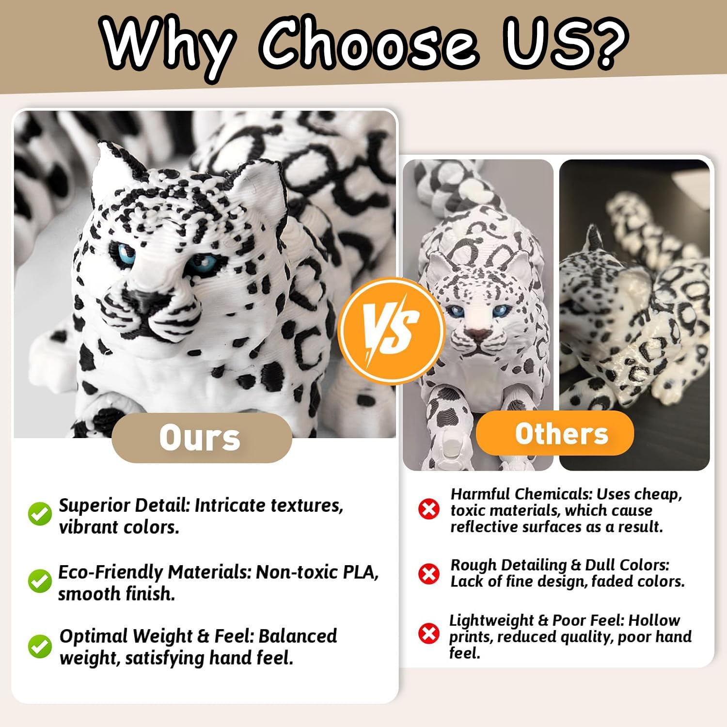 3D Printed Animals Snow Leopard, 21cm Articulated Animal Toy with Realistic Poseable Joints, 3D Printed Toys Desk Decor for Boy and Adult Home Display (Yellow) - Image 4