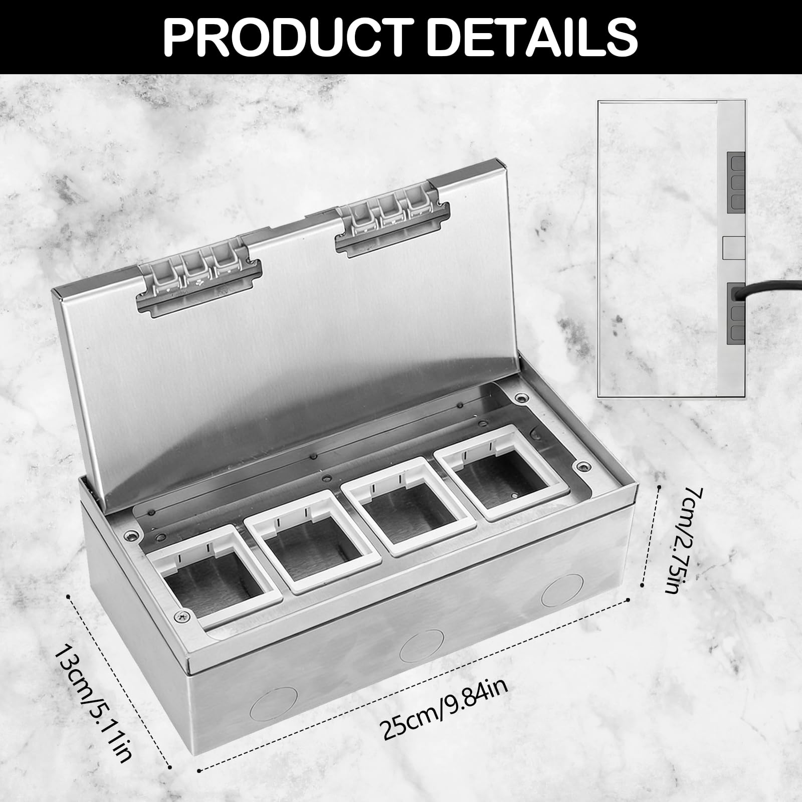 Enchufe de Suelo para Depósito de Suelo de Acero Inoxidable, 4000W/16A Caja de Enchufes Empotrable en el Suelo Impermeable, Insertos Opcionales para Equipar, 4 Compartimentos, 250 * 130mm