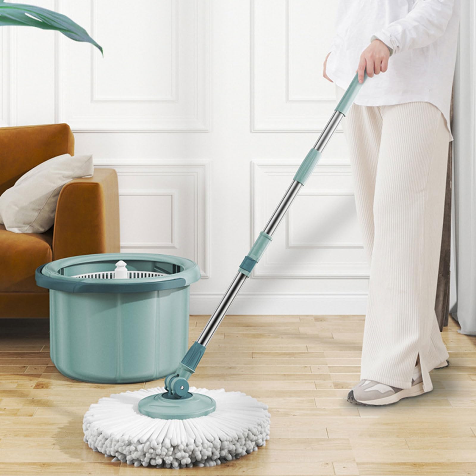 Mopa giratoria y cubo con juego de escurridor, fregona de microfibra fácil de escurrir, sistema de limpieza de suelo giratorio de 360°, ideal para el hogar y la oficina