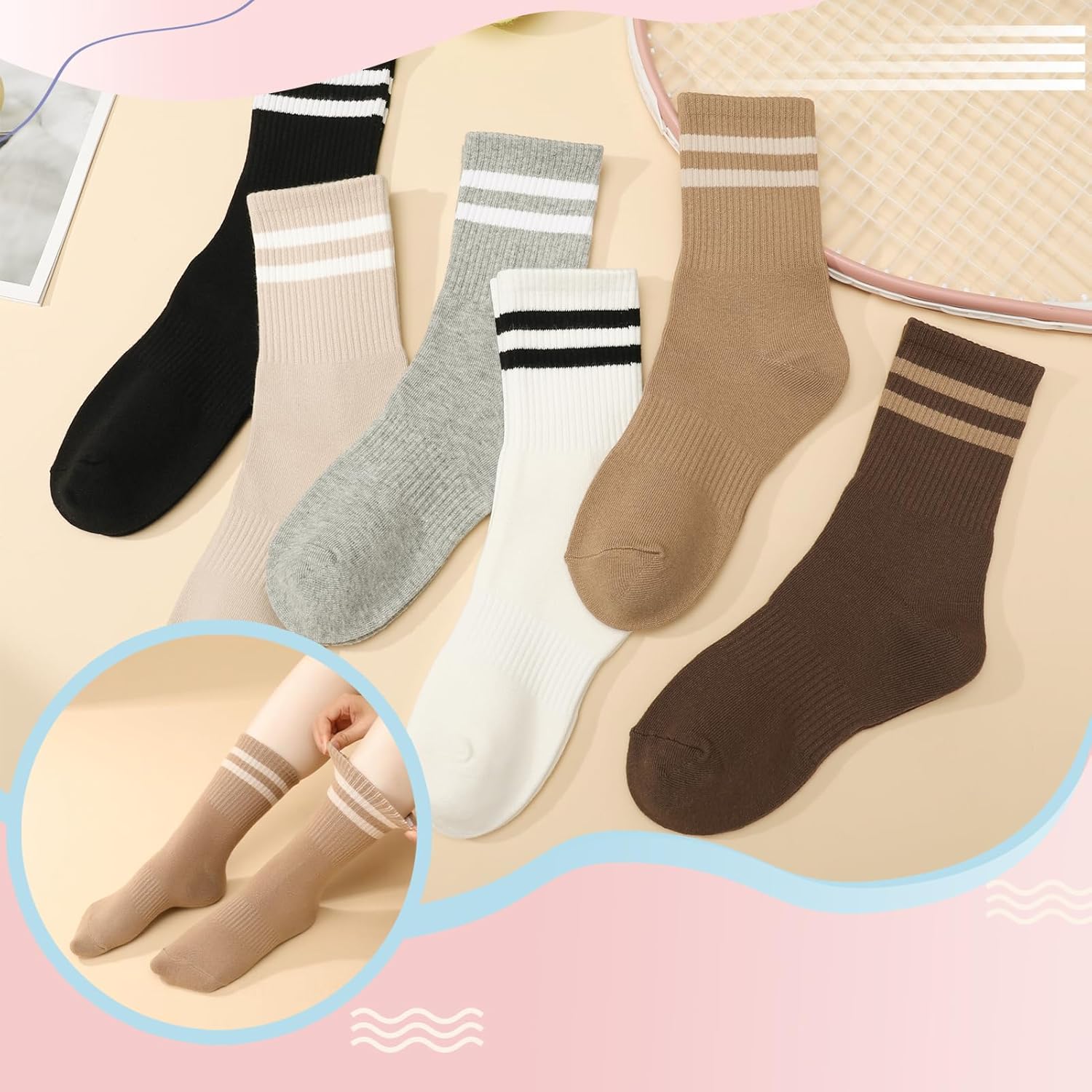 Jspupifip 6 Pairs Striped Crew Socks for Women, Cute Casual Cotton Retro Athletic Tube Sock for Running Tennis Sport Office Home School - Image 5
