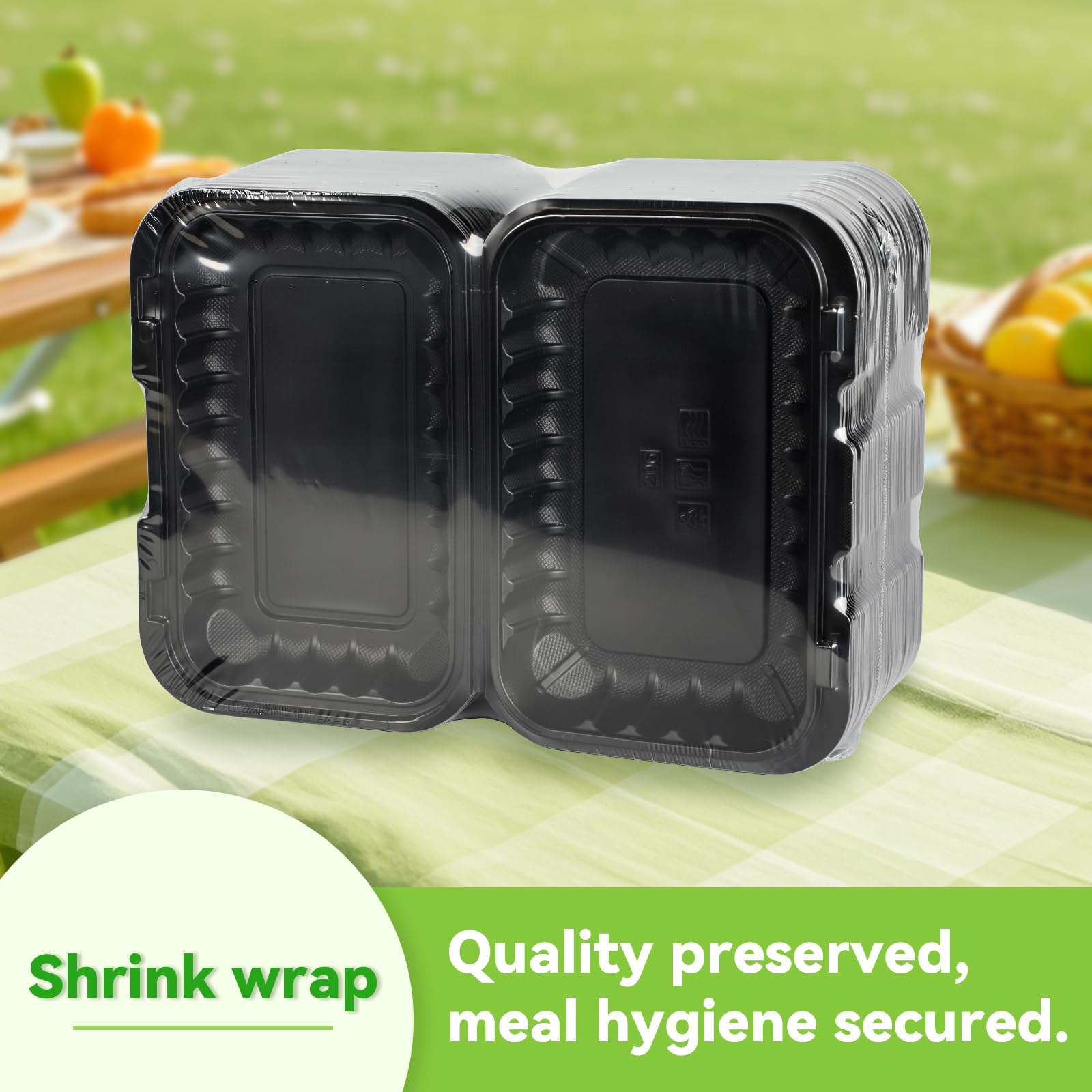 FRESHPAK Contenedores para llevar, de plástico negro de 27 onzas, paquete de 50 unidades, reutilizables, sin BPA, resistentes, con bisagras, desechables, con tapas para preparar comidas y llevar