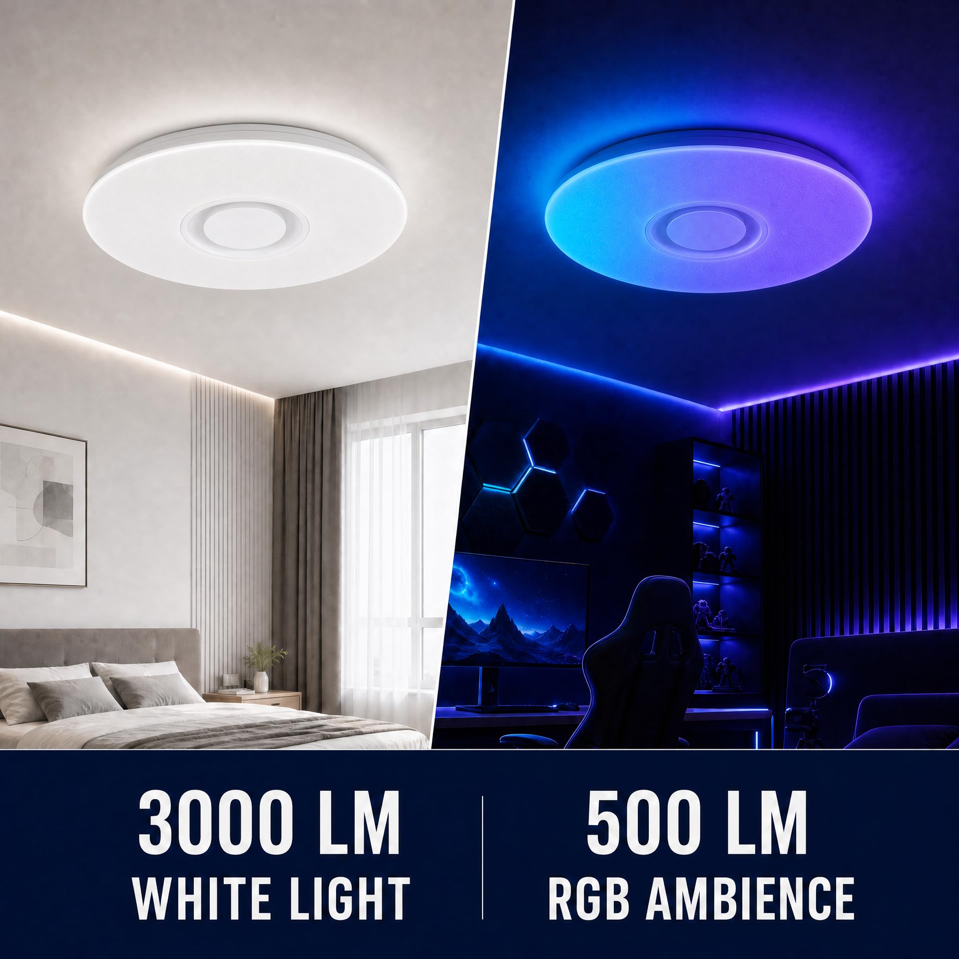 LED Plafoniere a led da Soffitto Telecomando Luci with Bluetooth Oratore Multi Color Cambiamento e Dimmerabile, 36W 50cm, Bianco/Caldo 3000K-6500K, 3000LM, Smartphone APP (, Certificato CE)