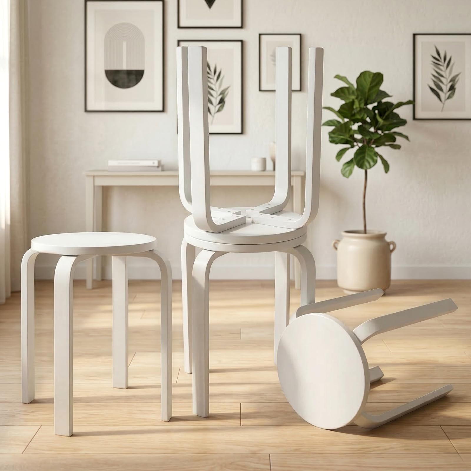 4er Set Holz Esszimmerhocker, Stapelbare Sitzhocker aus Massivholz mit Rutschfesten Pads, Robuste Küchenstühle für Esszimmer, Bar, Klassenzimmer und Home-Bereich (Weiß)