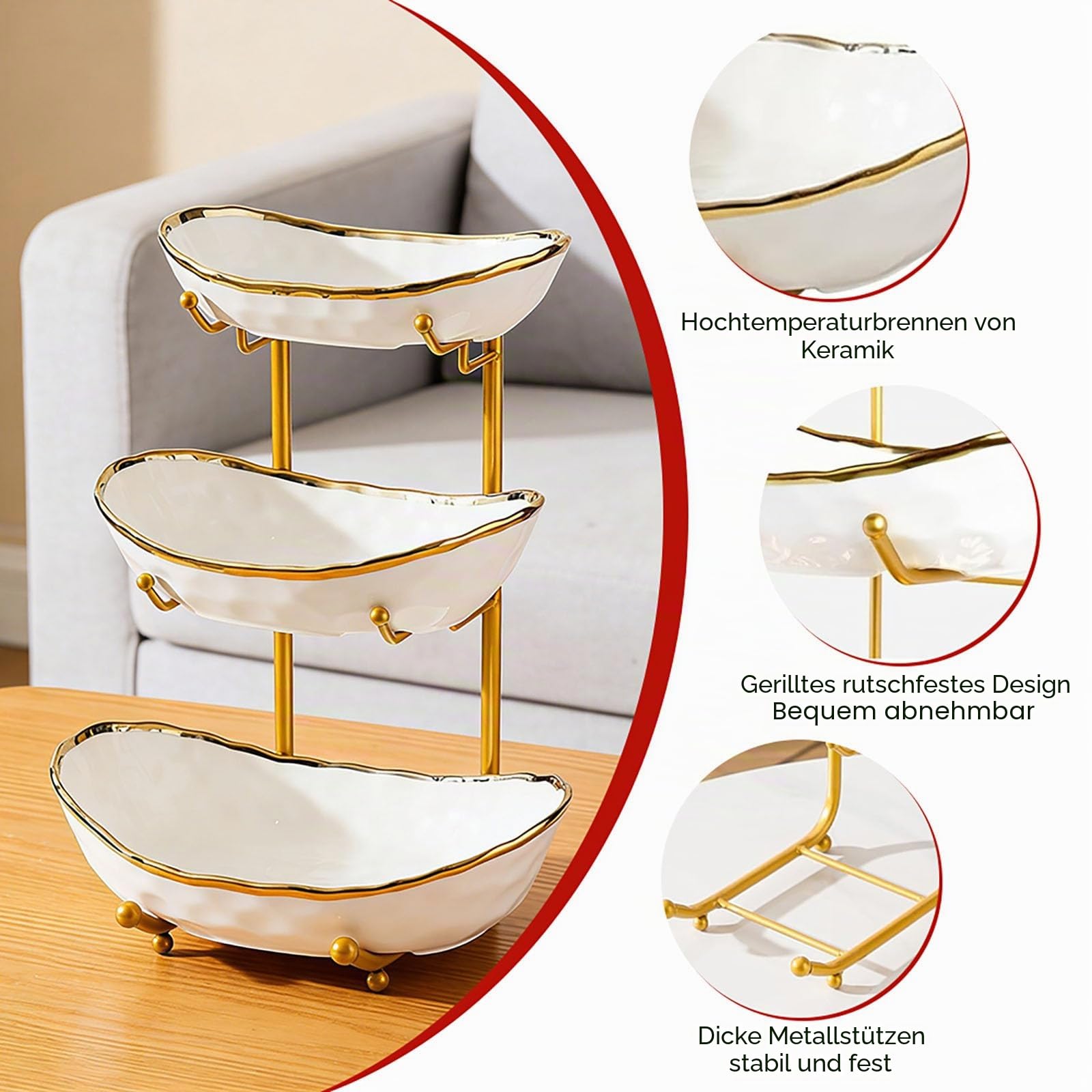Keramik Obst Etagere 3 Etagen, Obstkorb mit Metallregale, Etagere für Obst Snacks Gebäck, Gemüse, Stabil Und Ohne zu Zittern, Obstschale Modern für Küche und Wohnzimmer, Weiß