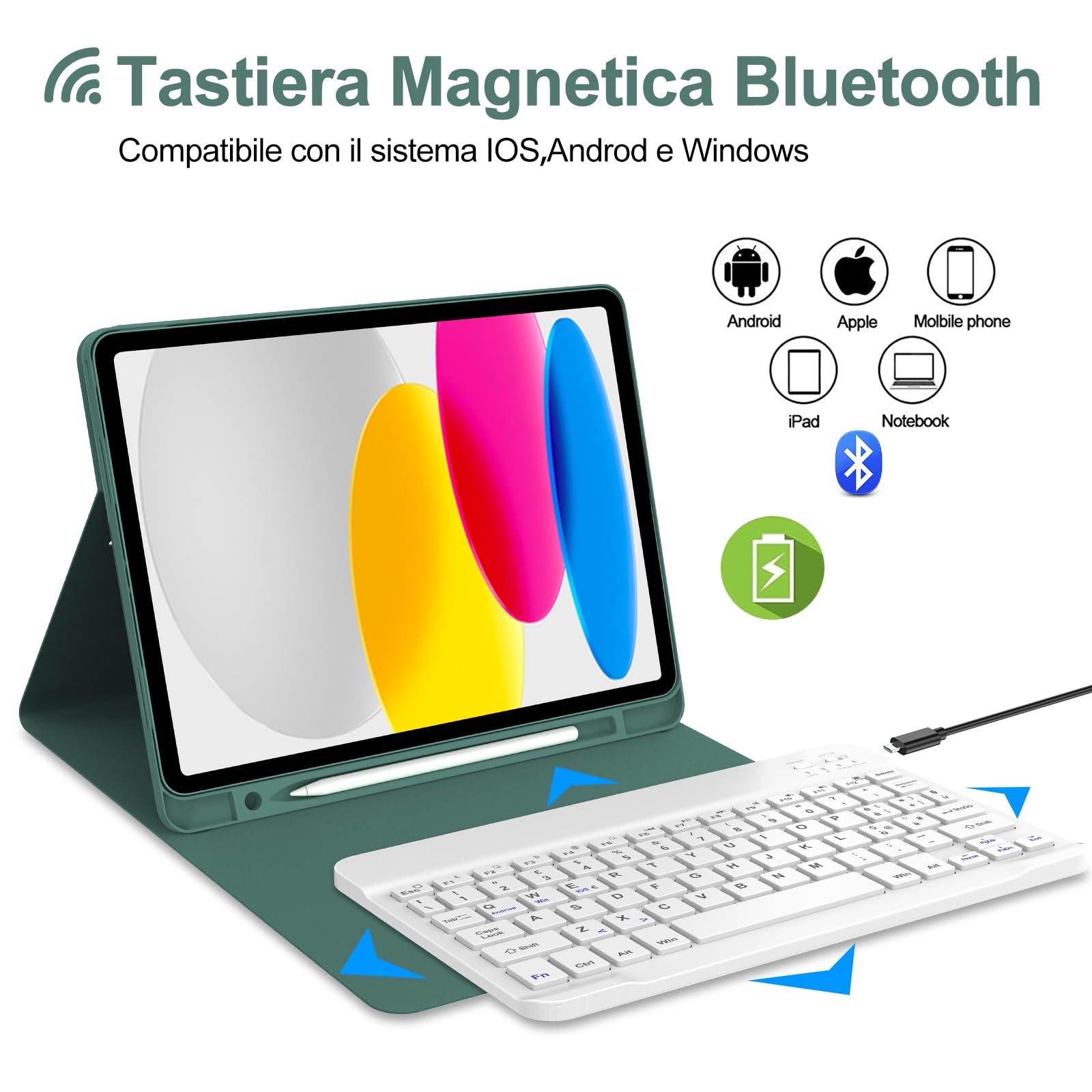 JADEMALL Tastiera per iPad 11 Generazione A16 11" 2025/10 Generazione 10.9" 2022, Italiano QWERTY Tastiera Bluetooth Staccabile per iPad A16 11/10 Generazione 2025/2022, Verde Scuro
