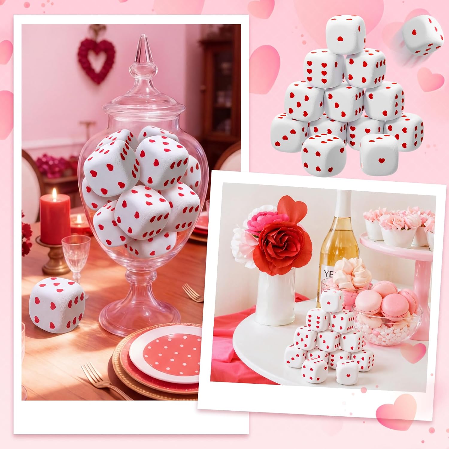 12 Pcs 38mm Casino Foam Dice Bulk Heart Stress Balls Squeeze Anxiety Relieve Valentine's Day Large Opaque Jumbo Square Big Gifts for Board Games Party Props