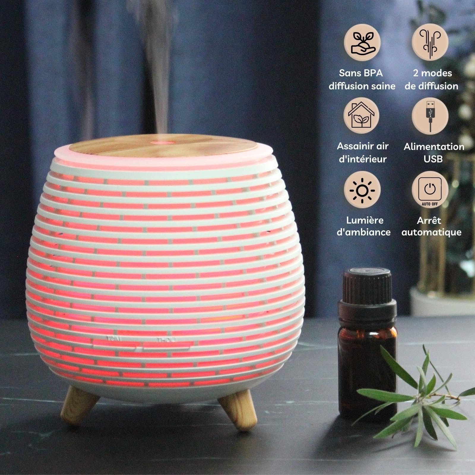Zen'Aromat dyfuzor olejków eterycznych Lola, ultradźwiękowy dyfuzor aromaterapia na zimno, elektryczny dyfuzor zapachowy USB, 2 tryby dyfuzji, automatyczne wyłączanie, oświetlenie LED, ciche i kompaktowe