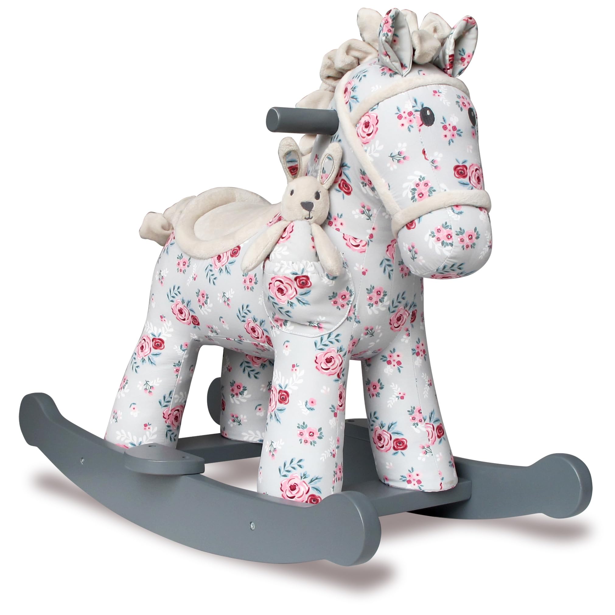 Little Bird Told Me - Lily & Rose Rocking Horse for Baby/Toddler 9+ Months Unisex - Grey & Pink Floral Printed Fabric, Solid Wooden Frame & Rockers, Removable Plush Toy - British Brand Since 2007