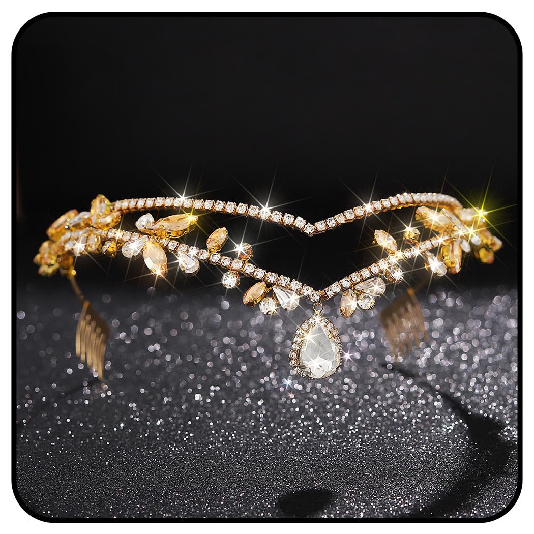 Zoestar Corona y tiara de boda, diademas de cristal dorado para novia con diamantes de imitación para mujer, Cristal