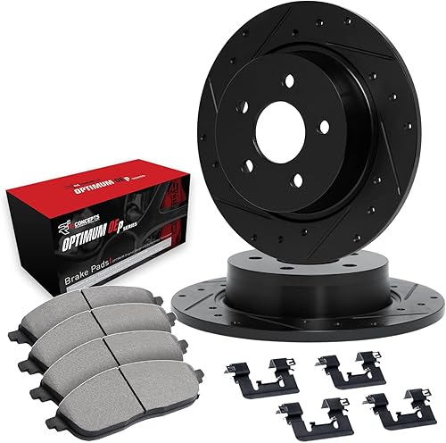 R1 Concepts Rear Brakes and Rotors Kit |Rear Brake Pads| Brake Rotors and Pads| Optimum OEp Brake Pads and Rotors |Hardware Kit|fits 1993-1997 Ford
