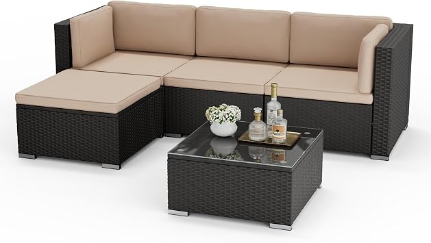 Oakcloud 5-Piece Outdoor Patio Furniture Sofa Set Black Rattan Wicker Sectional Conversation Sets with Glass Top Table and CushionsBrown