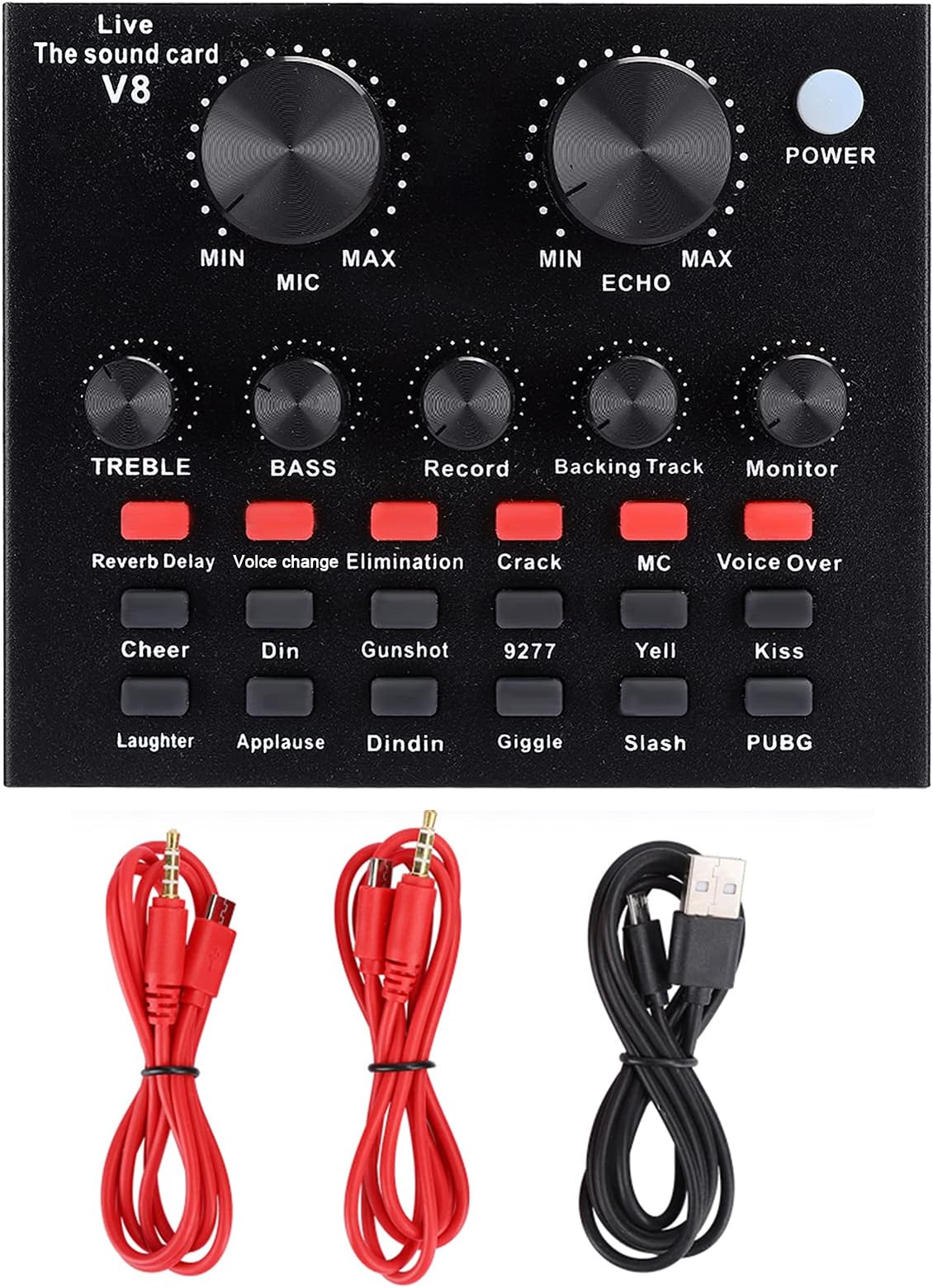 KOSDFOGE V8 ABS Professional Black Bluetooth Volume Adjustment Voice Change Live Broadcast Sound Card for Mobile Phone Computer Single Earphone Using