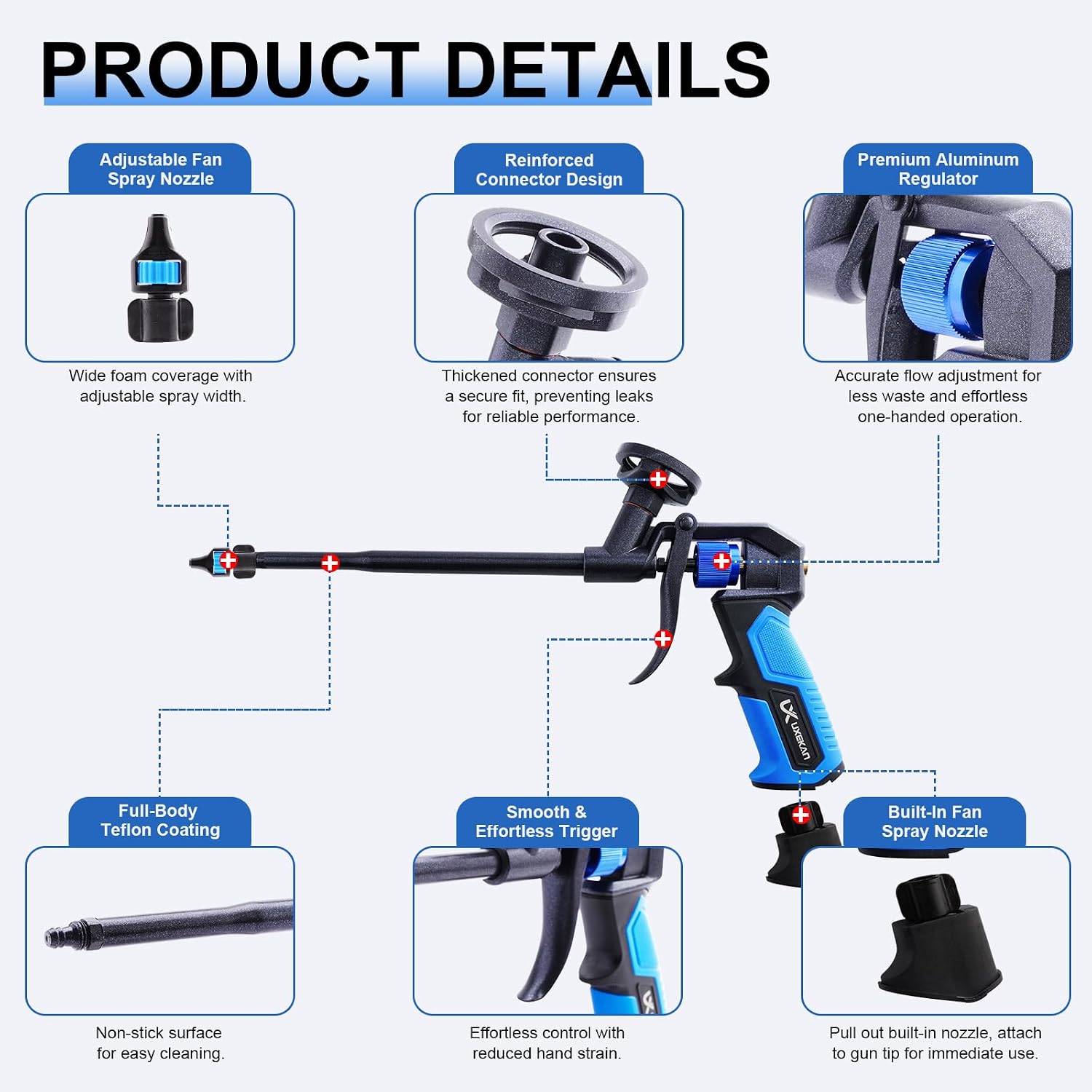 Professional Spray Foam Gun with 6 Extenders, PTFE Teflon Coated Heavy Duty Metal Foam Applicator, One-Hand Precision Flow Control for Caulking, Sealing, Filling & Insulation