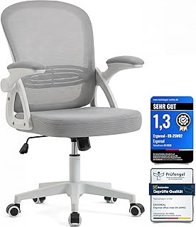 Ergonomischer Bürostuhl, 90-110° Verstellbare Rückenlehne & Aufklappbare Armlehnen (90°), Bürostuhl mit Rollen & Höhenverstellung,Homeoffice & Arbeitszimmer (grauweiß)