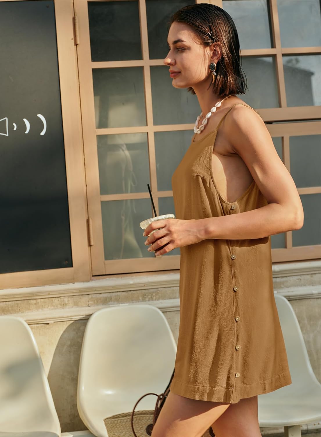 Yanekop Womens Linen Mini Dress Spaghetti Strap Short Beach Summer Dresses Sleeveless Sundress Open Back Dress - Image 5