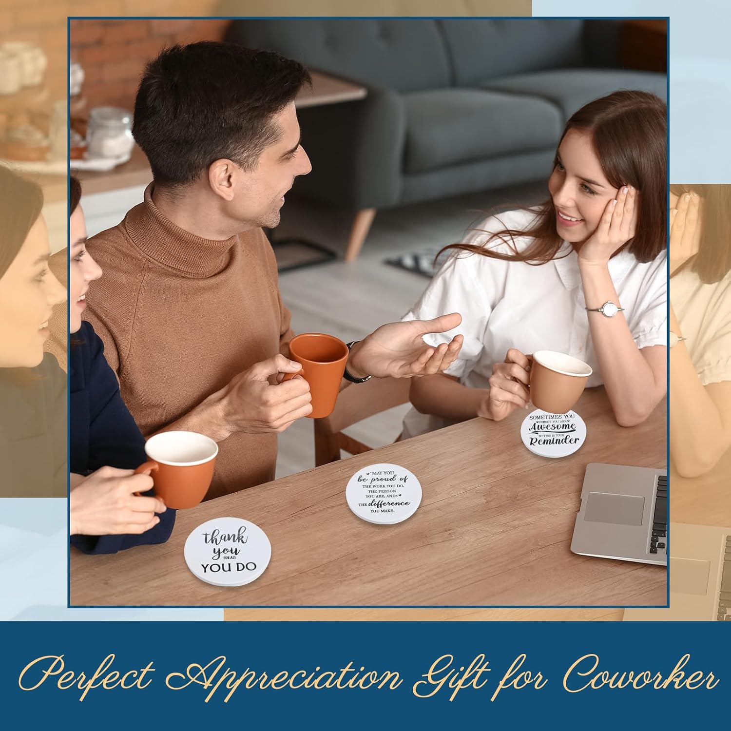 Set of 24 Thank You Appreciation Coasters Set, Ceramic Absorbent Drinks Coasters with Cork, Water Absorbent Cute Cup Mat Gifts for Teacher Employee(Elegant Style,Set of 24)