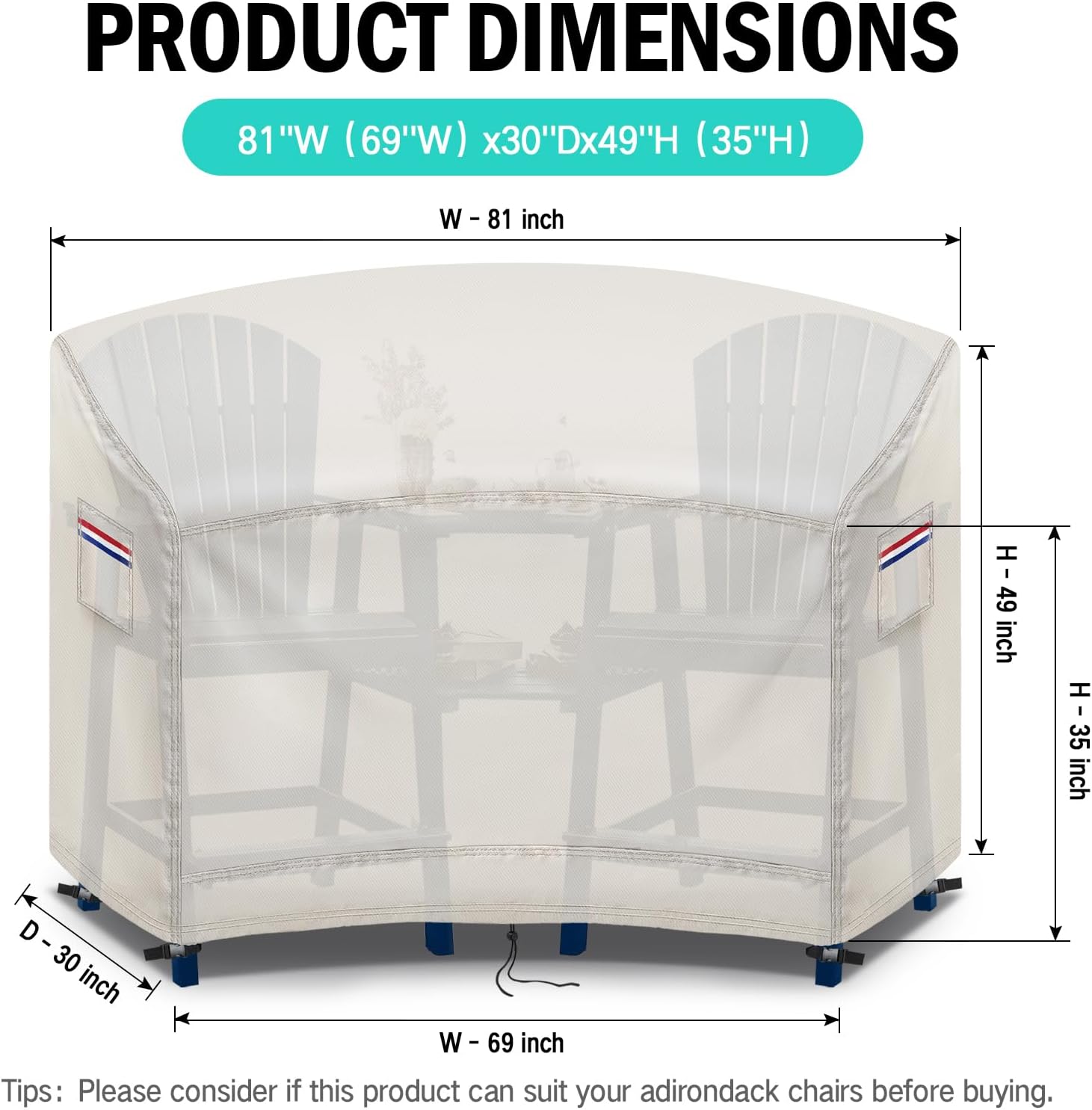 Tall Adirondack Chairs Set Cover,Waterproof Covers for Tall Adirondack Chair Set of 2,Outdoor Cover for Poly Balcony Chair with Connecting Tray,80" Wx30 Dx49 H,500D,Beige