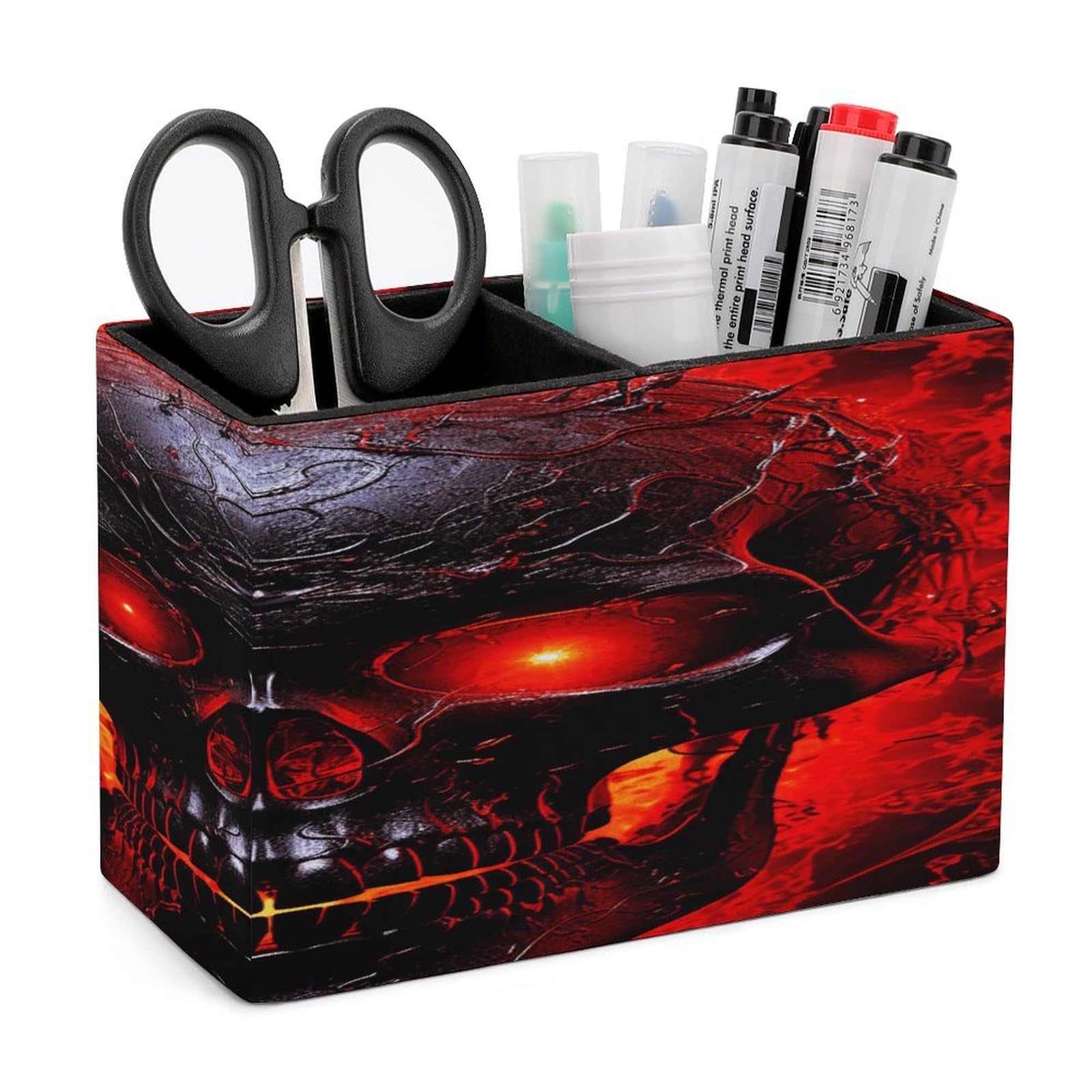 VstaDank Black And Red Skull Pen Holder Double Compartments Pen Cup Fashion Makeup Brush Holders Leather Pencil Holder for Work Locker Accessories Modern Pencil Cup for Desk Organizer
