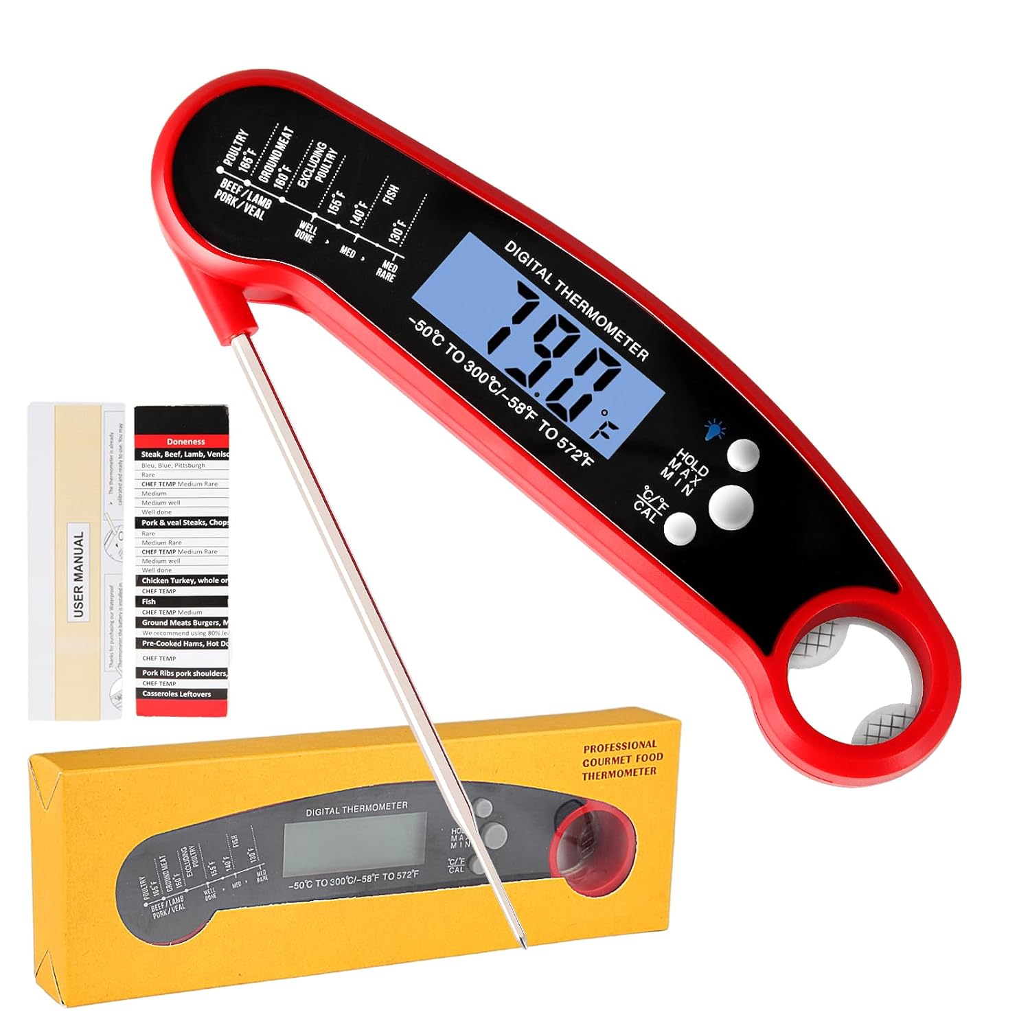 Digital Meat Thermometer, Instant Read Food Thermometer with Magnet & Foldable Probe, IP67 Waterproof Cooking Thermometer with LED Backlit Display for Home Outdoor