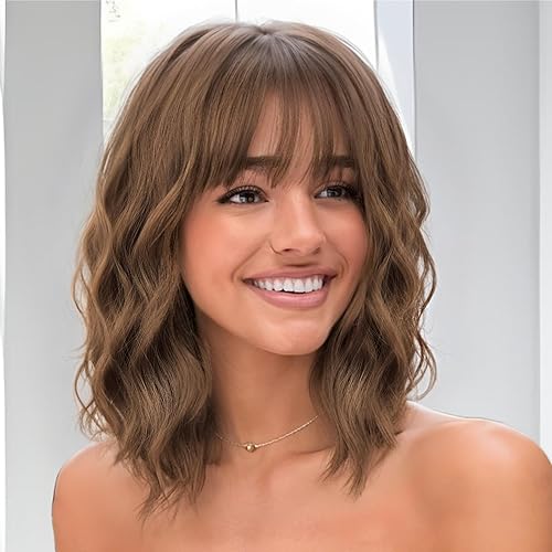 Nnzes Wig Bangs Light Brown Short Wavy Hair for Women