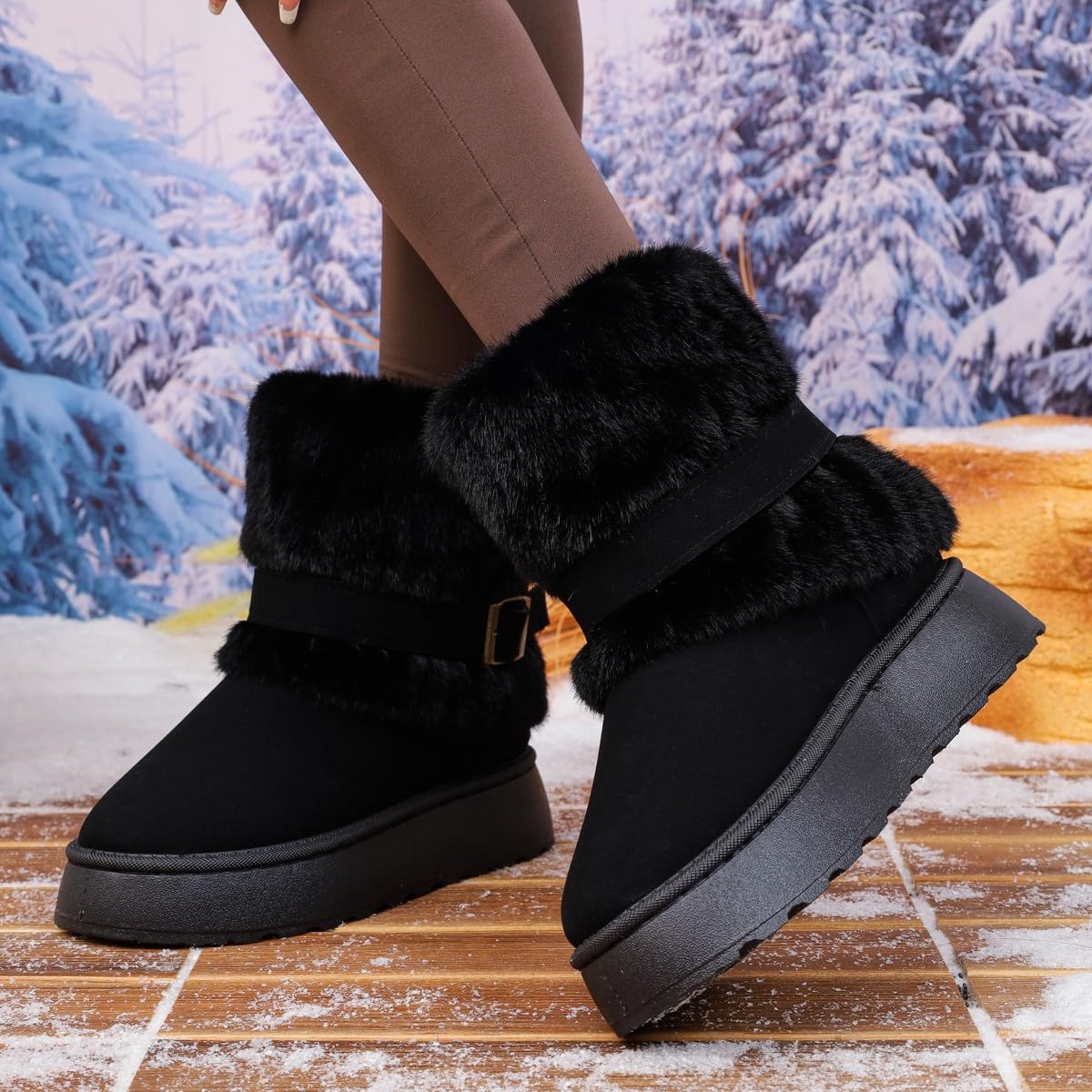 Women's Winter Fur Lined Snow Boots - Slip on Ankle Booties with Fuzzy Warm Lining, Platform Short Boots for Cold Weather, Comfortable Non-Slip Footwear for Outdoor