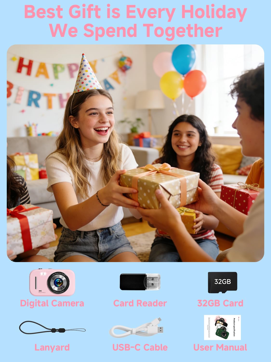 Cámara digital para adolescentes, cámara compacta 4K para apuntar y disparar con filtros vintage, mini cámara de vlogging regalo para niños, estudiantes, principiantes, incluye función MP3 y tarjeta