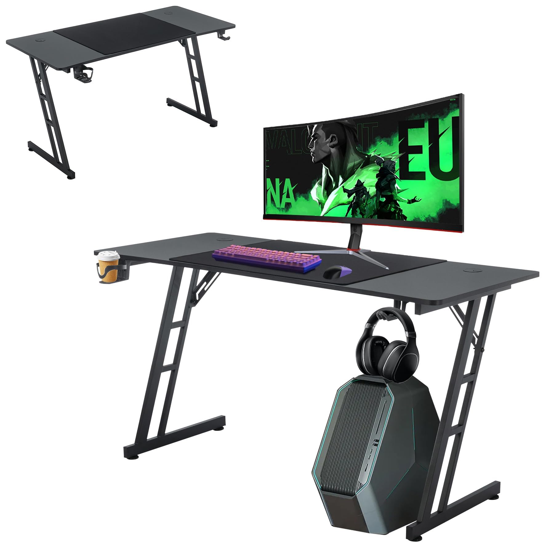 FROADP Bureau de jeu, 160 x 60 cm, bureau de jeu noir, surface en fibre de carbone, ergonomique, avec porte-boissons et crochet pour casque, PC Desk, châssis Z stable, capacité de charge 150 kg