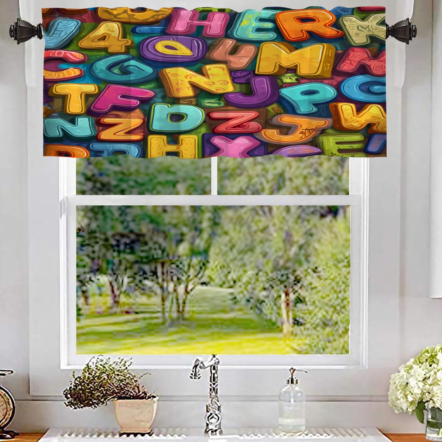 Batmerry Colorful Alphabet Kids Learning Aid Kitchen Curtains, Fun Typography Letter Art Window Treatments Blackout Valance for Living Room/Bathroom, 2 Pack 52X16 Inches