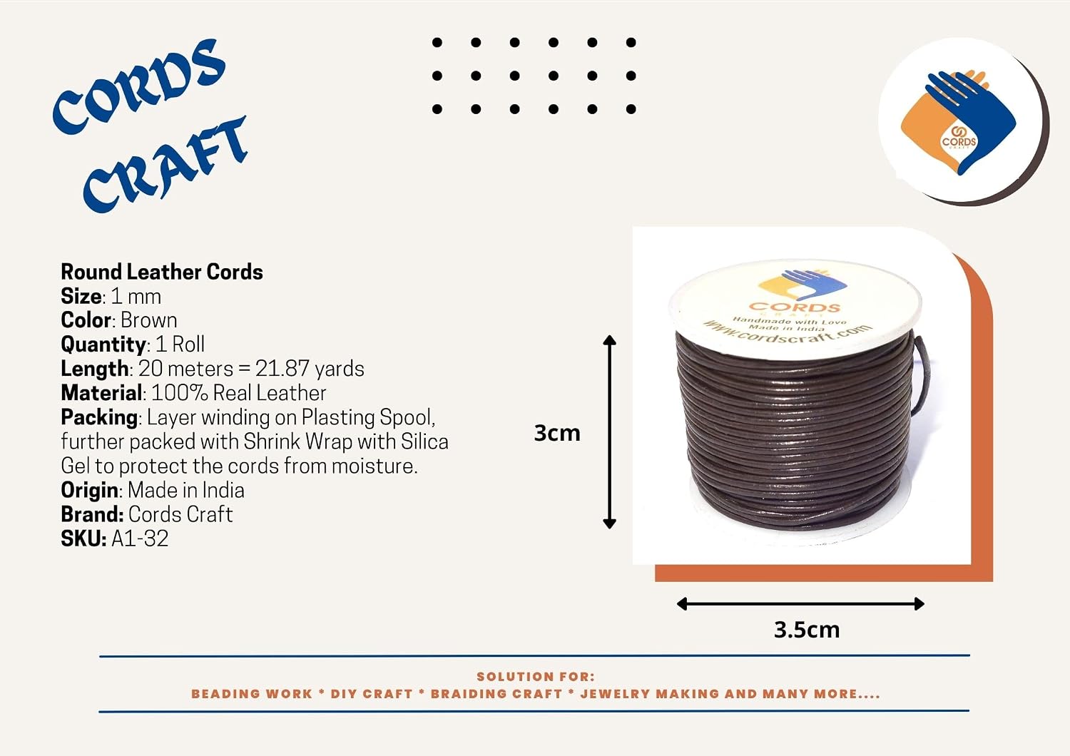 | 1mm Round Leather Cord Genuine Leather String | Ideal for Jewelry Necklaces Bracelets Beading DIY Crafts | Tan Brown 21.87 Yards (164 Feet)