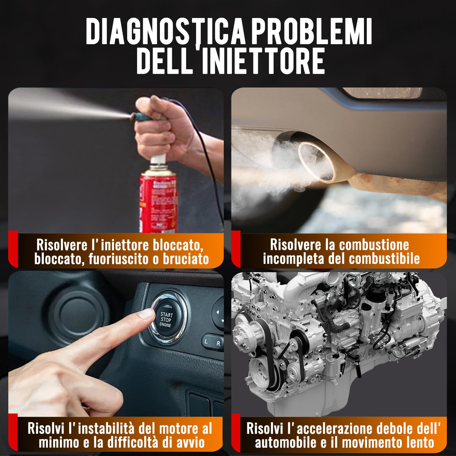 Tester per iniettori, Kit Pulizia Iniettori, Set di Pulizia dell'iniettore con 4 adattatori, 12 V, Set di Pulizia con 4 adattatori e 4 Tubi di Prova e 8 modalità di impulso Beley