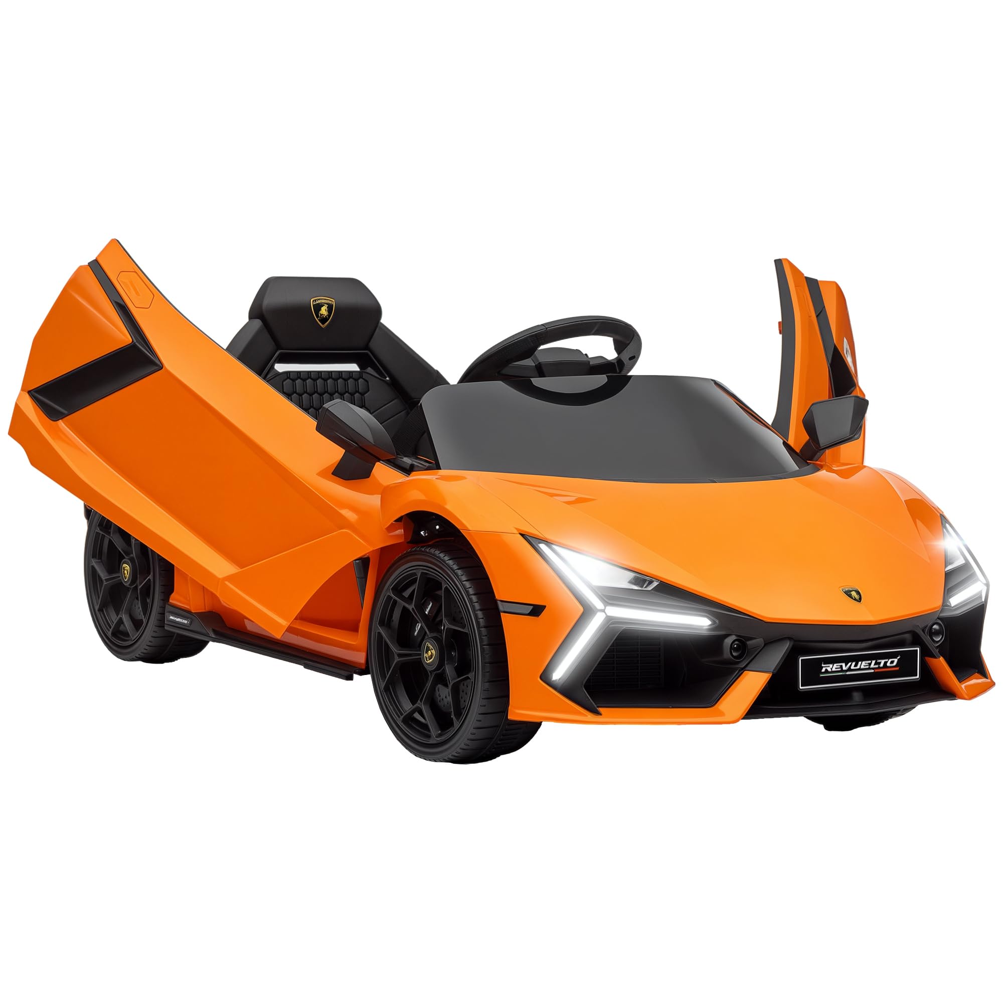 QabaLamborghini Revuelto Licensed 12V Kids Electric Car, Battery Powered Ride on Car with Hydraulic Doors, Remote Control, Transport Wheels, Spring Suspension, Music, Lights, 3 Speeds, Orange