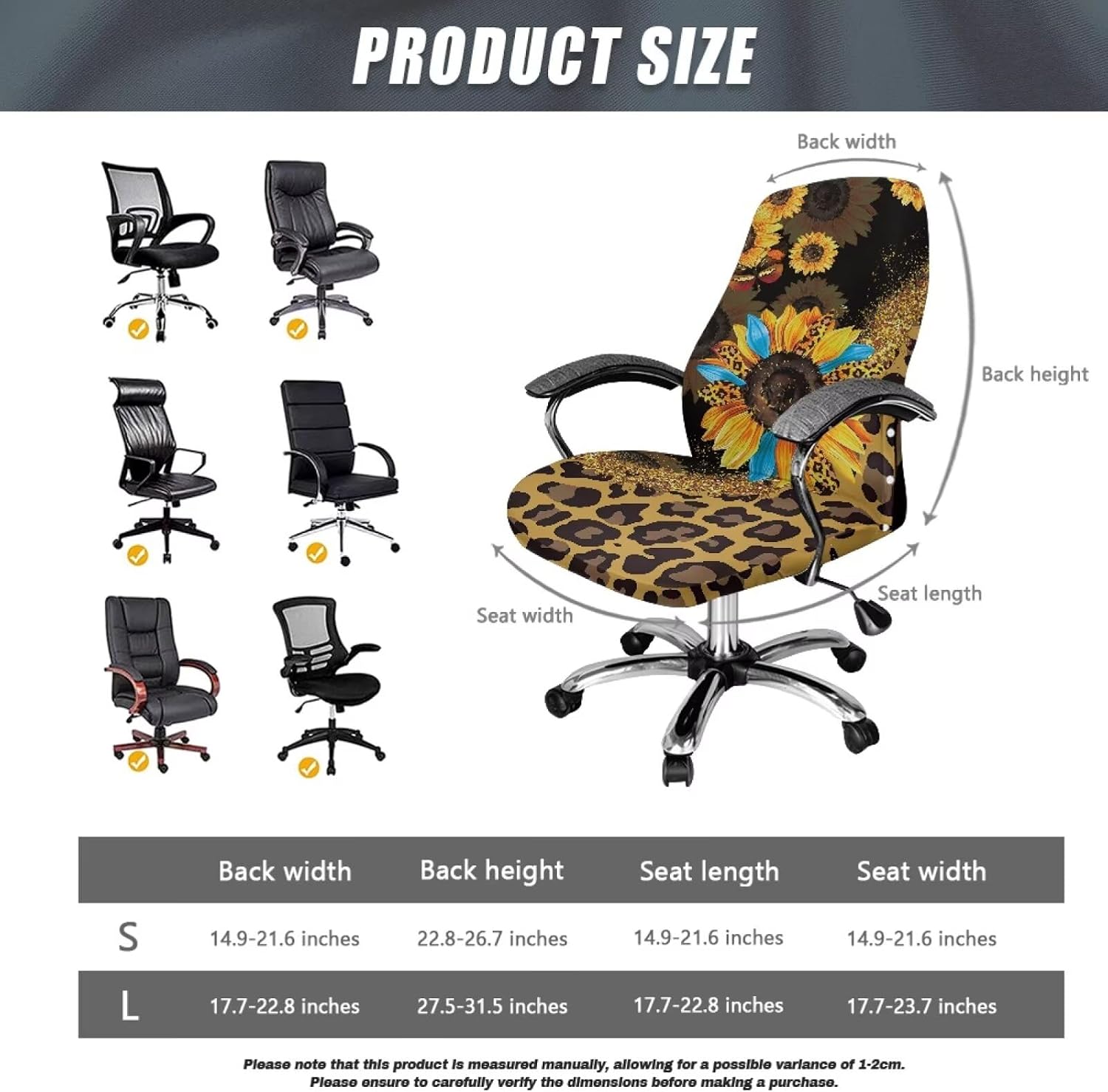 Sunflower Leopard Butterfly Print Office Chair Cover Computer Chair Covers Removable Chair Protector Slipcover Stretch Fabric Boss Chair Covers for Home Office, Large
