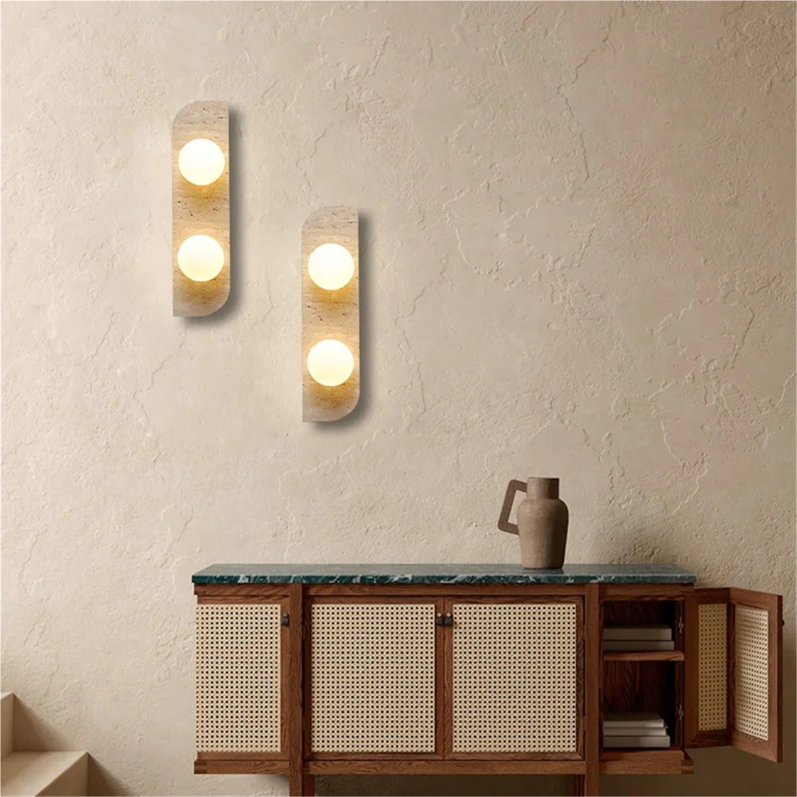 Retro kinkiet z kamienia naturalnego, żółty trawertyn LED, biały szklany klosz, nastrojowe oświetlenie korytarza (ciepła biel (2700-3500 K), dwie głowice)