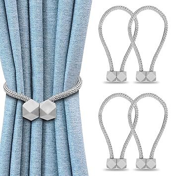 Geritte Magnetic Curtain Tiebacks, 4PCS Decorative Drape Tie Backs, Octagon Style Curtain Holdbacks Rope Holdback Holder for Window Draperies (Grey)