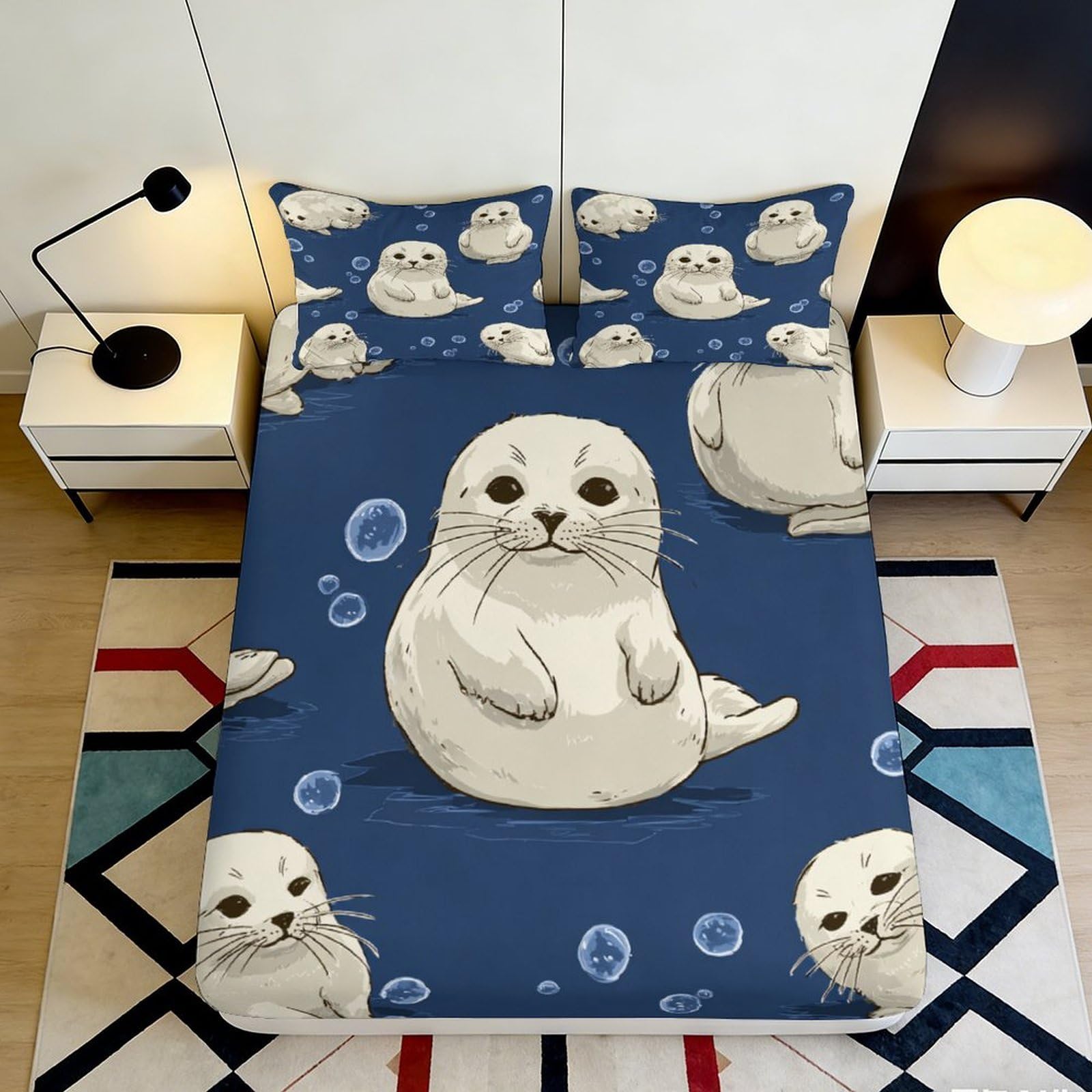 Pnayamiorkfel Style-2 3D Printed Cute Seal Fitted Sheet Microfiber Blue Cartoon Bubble Mattress Cover For Bedroom Guest Room Dorm Decor 90X200x25cm