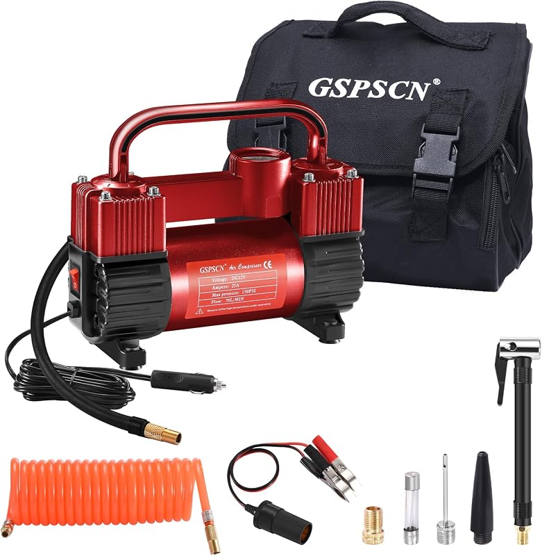 Bomba de compresor de aire portátil de metal con inflador de neumáticos de alta resistencia de 12 V | Bomba de aire de doble cilindro de inflado 6 veces más rápido de 150 psi con adaptador para auto, RV, camioneta, SUV, furgoneta,caravana, cama de aire,bola