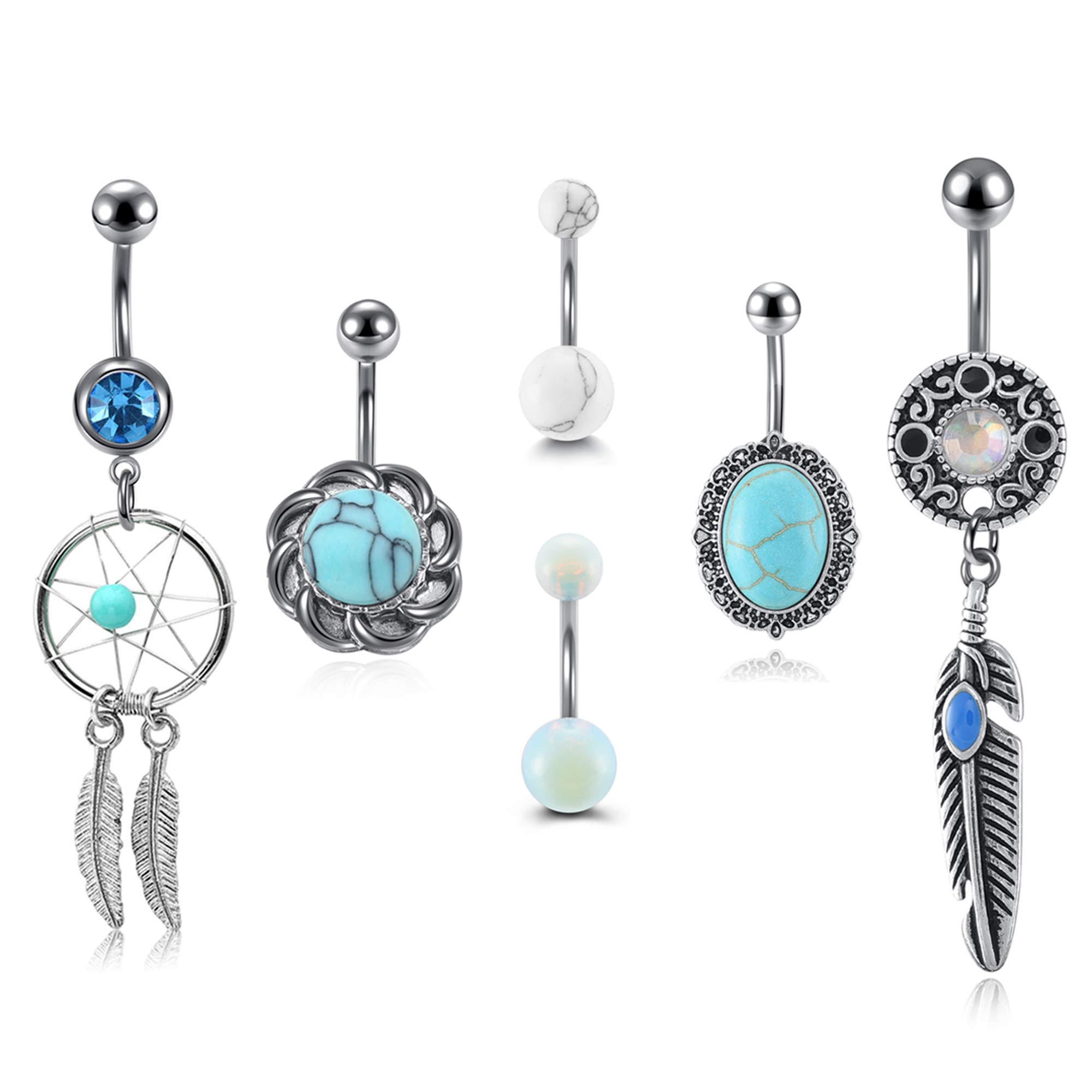 PiercingJ6Pcs 14g 316L Surgical Steel Belly Button Rings for Women CZ Navel Rings Body Piercing Jewelry Set Silver