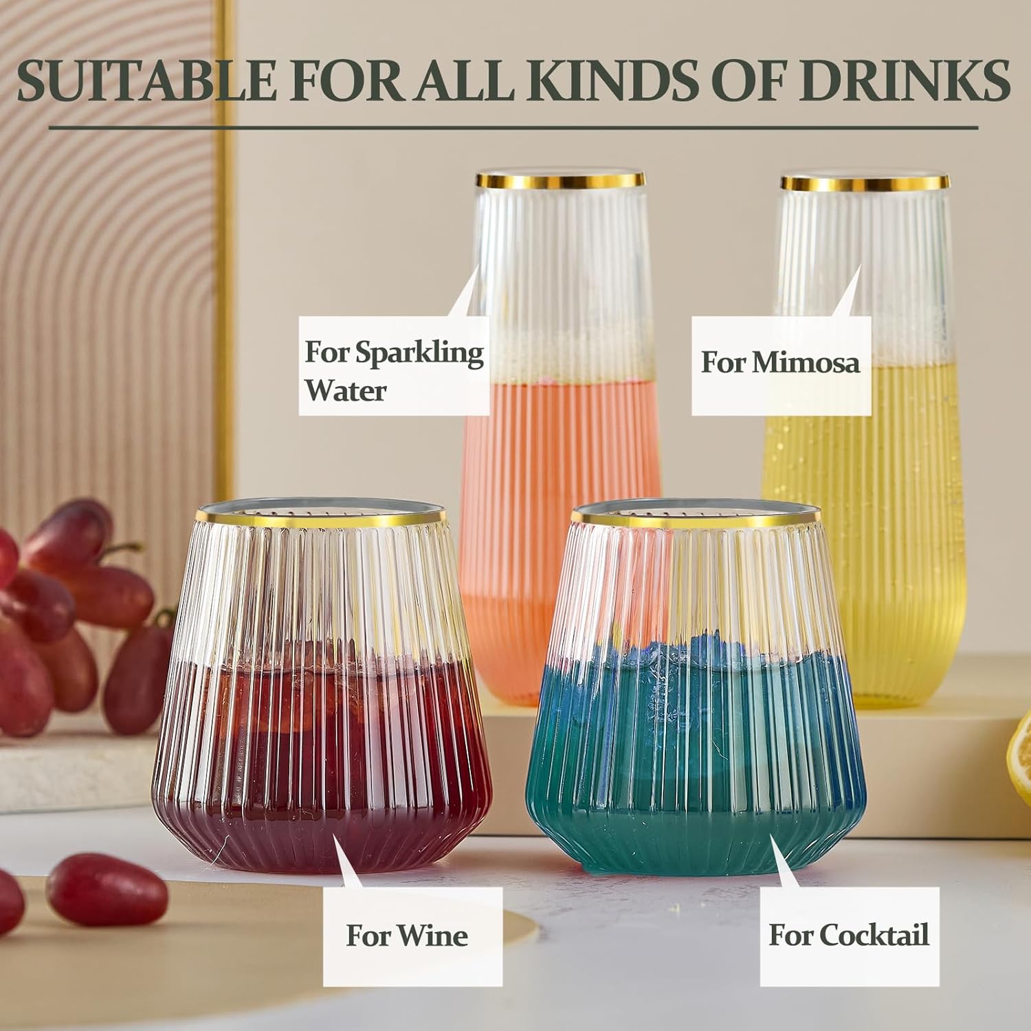 48 Pack Plastic Wine Glasses Disposable Ribbed Champagne Flutes, 24 Pcs 9 OZ Stemless Champagne Flutes & 24 Pcs 14 OZ Disposable Wine Glasses, BPA-Free (Ribbed gold) - Image 6