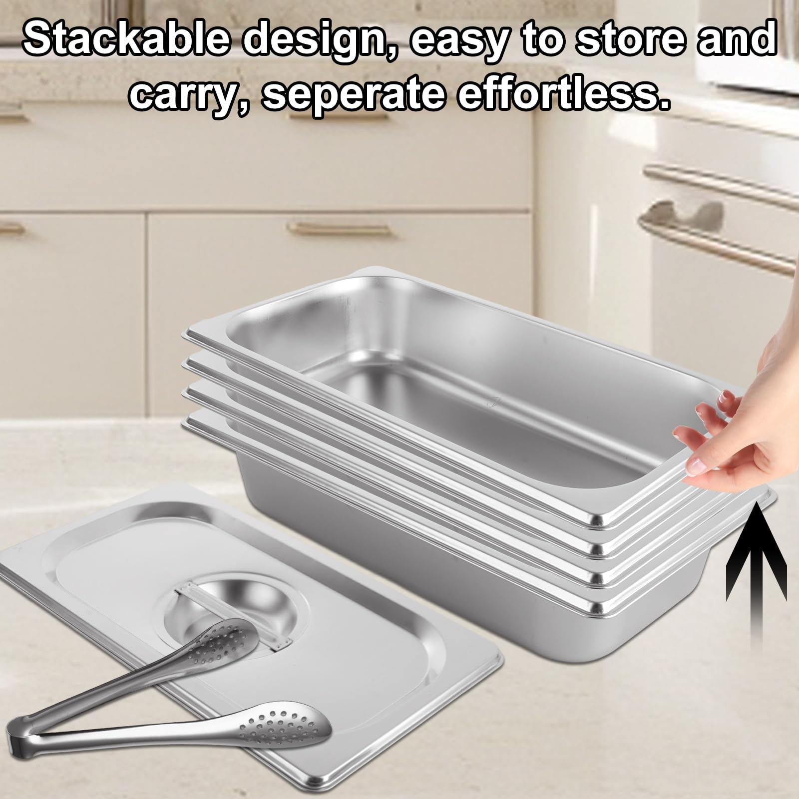 4 sartenes Gastronorm de 1/3, recipientes de acero inoxidable con tapas y 2 pinzas de cocina, ollas GN profundas para baño maría, 32,5 x 17,5 x 6,5 cm