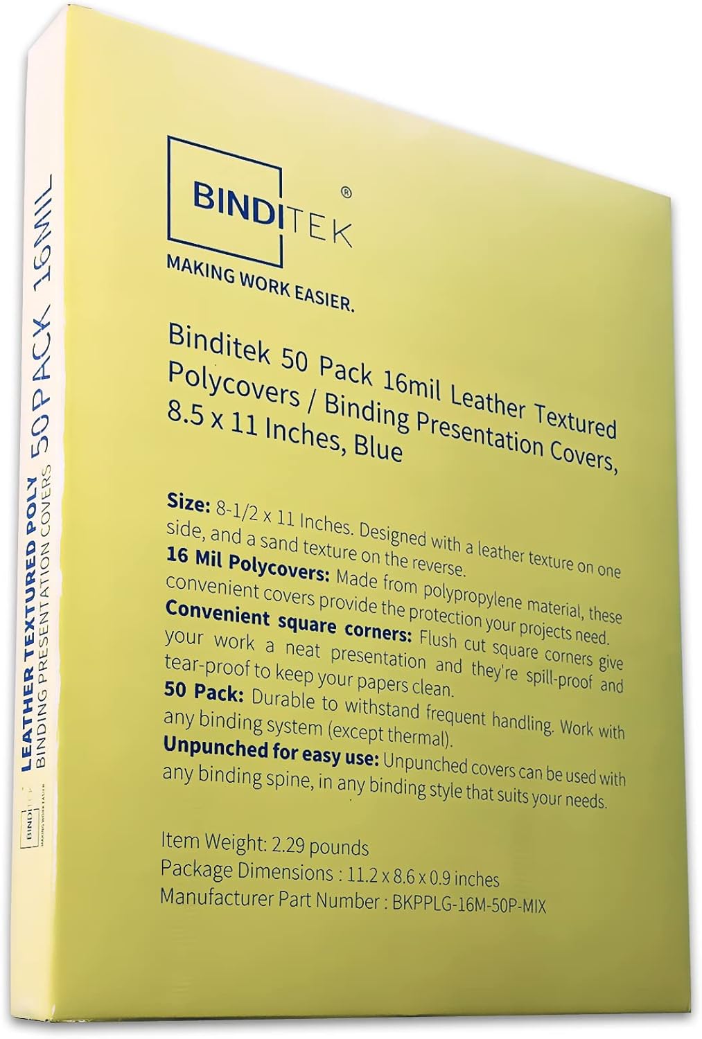 Binditek 50 Pack 16 Mil Leather Textured Polycovers - Binding Presentation Covers for Business Reports and Proposals 8-1/2 x 11 Inches, Blue Color, for Students and Coworkers