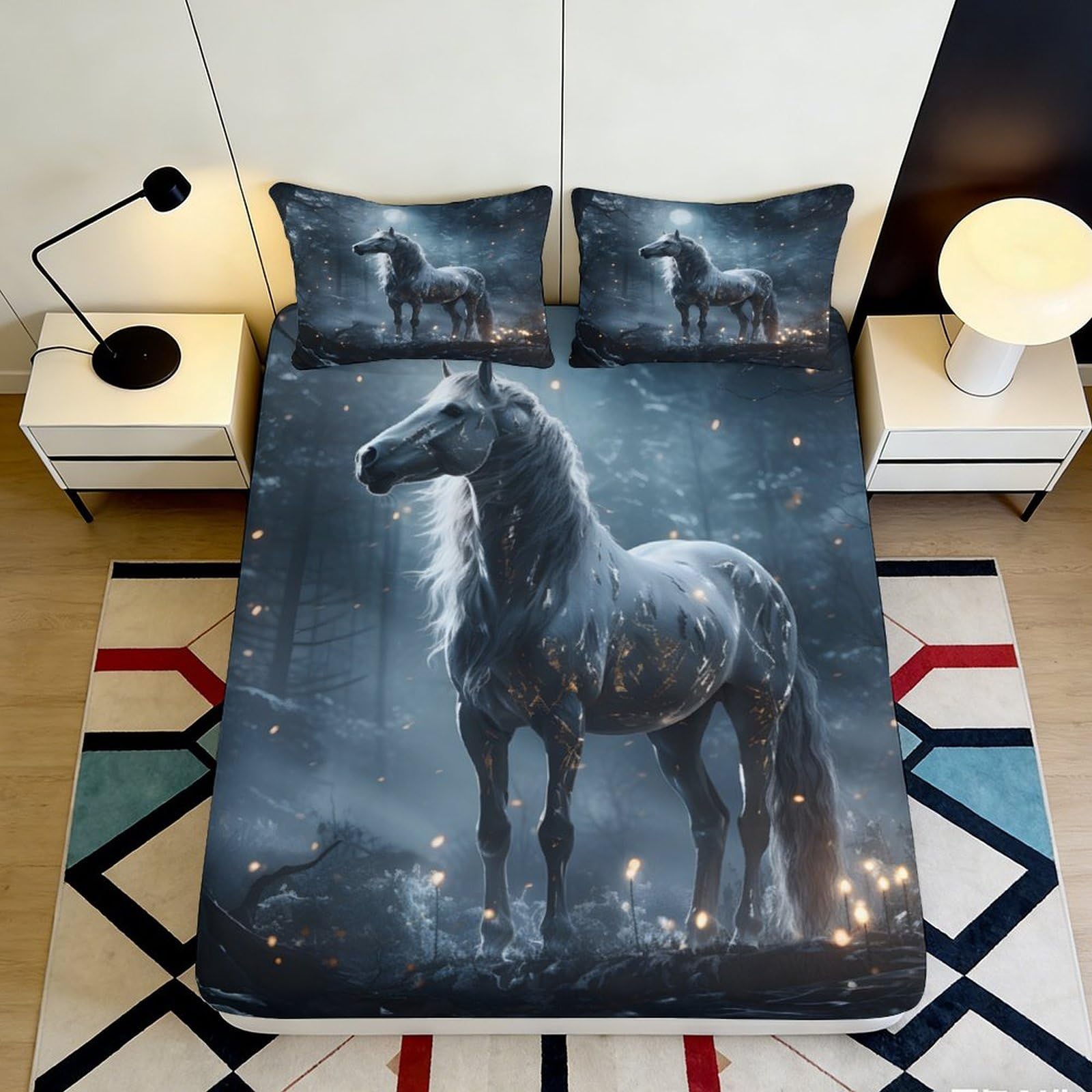 3D Printed Mystical Unicorn Forest Fitted Sheet Microfiber Soft Anti-Slip Bed Sheet for Adult Teen Bedroom Decor 160x200x25cm
