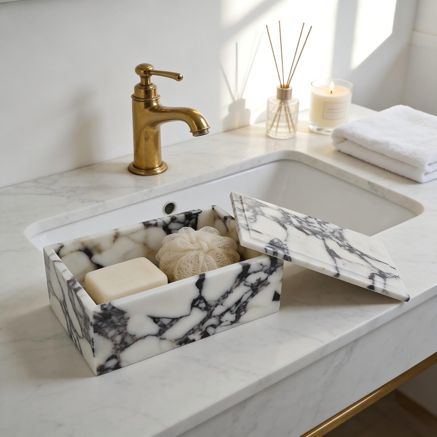 Luxury Marble Storage Box with Lid, White and Purple Veined Pattern, Decorative Organizer for Makeup Brushes, Jewelry, Bathroom Accessories (Rectangle)