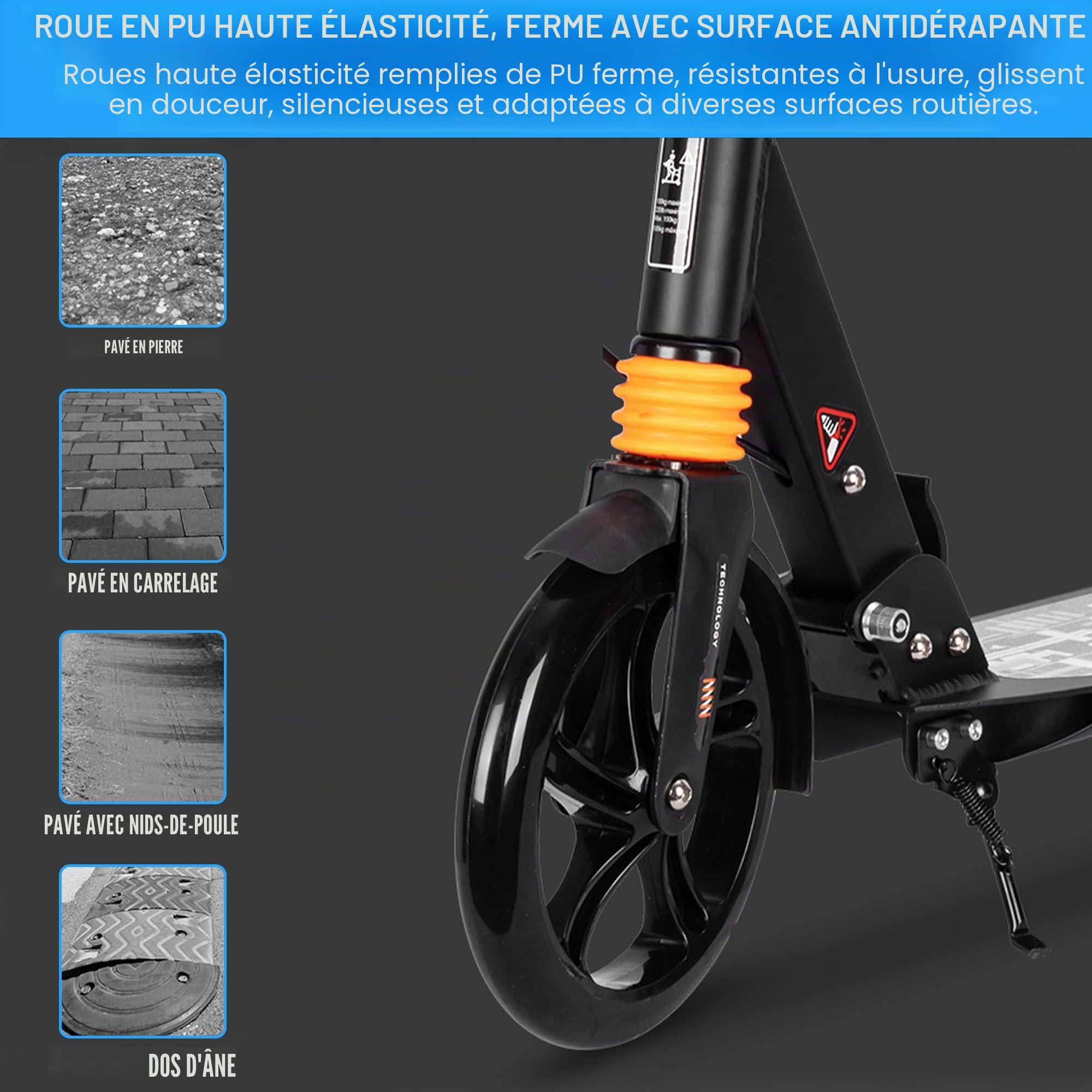Habib Gruppe Trottinette de ville pour adulte - En aluminium - Pliable - 200 mm - Grandes roues - Double suspension - Hauteur réglable - Frein à main réglable - Charge maximale : 100 kg - À partir de