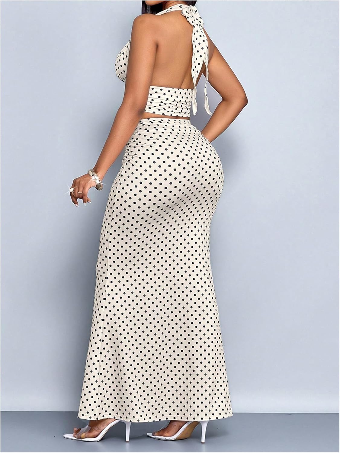 Milumia Women's 2 Piece Outfit Polka Dots Deep V Neck Halter Crop Top Fishtail Maxi Skirt Set - Image 3