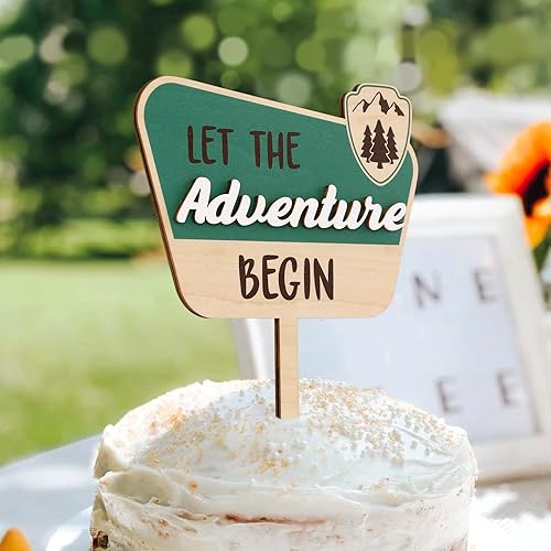 Miniatura 6 de Huray Rayho Decoración para pastel de madera con temática de aventura natural, para baby shower, compromiso, boda, fiesta de cumpleaños, centro de