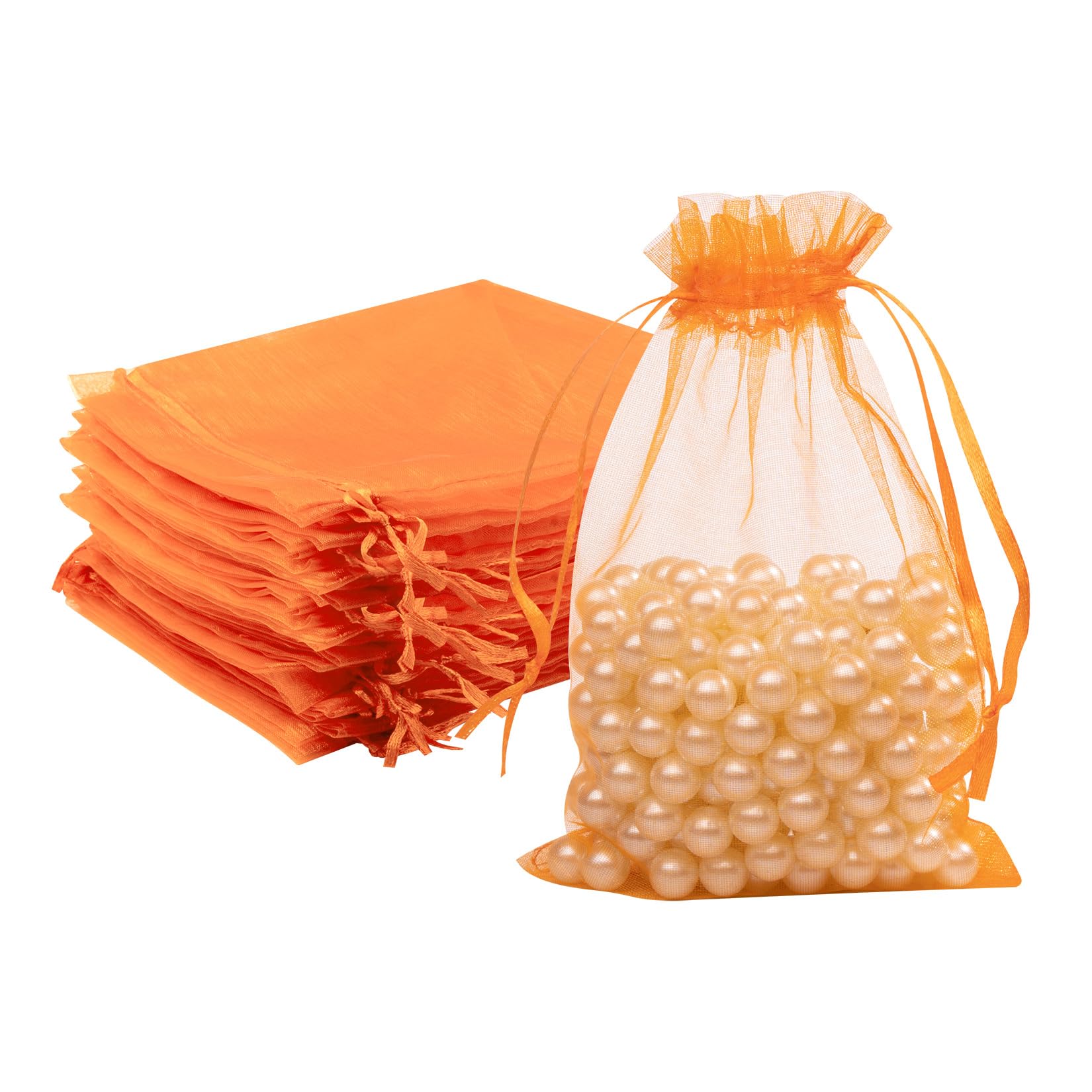 FUNFERY 100 Pcs Orange Organza Bags 5x7 in, Small Mesh Drawstring Gift Bags for Sachet, Jewelry, Candy, Wedding Favor, Easter Day