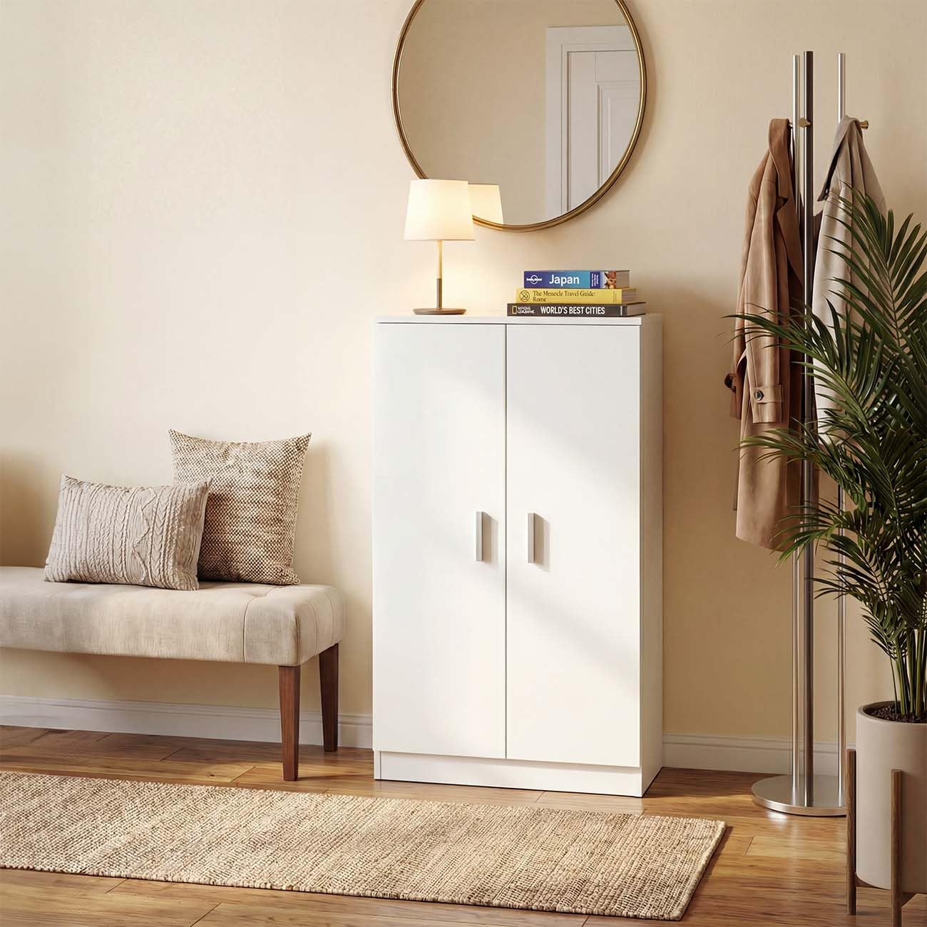 duehome | Zapatero Armario, Mueble Auxiliar, Acabado en Blanco Artik, Modelo Liam 55, Medidas: 55 cm (Largo) x 108 cm (Alto) x 36 cm (Fondo) — view 5