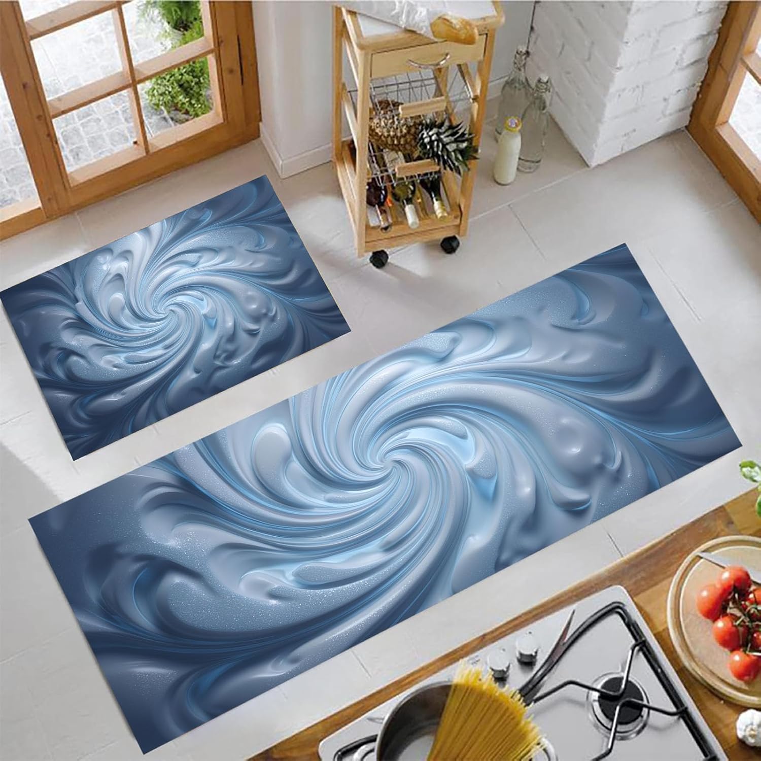 Silver Blue Kitchen Rugs, 3D Marble Swirl Non Skid Washable Comfort Mats for Floor, Anti Fatigue Kitchen Cushioned Runner Rug Abstract Geometric Decor Set of 2, 20"X30"+20"X59"