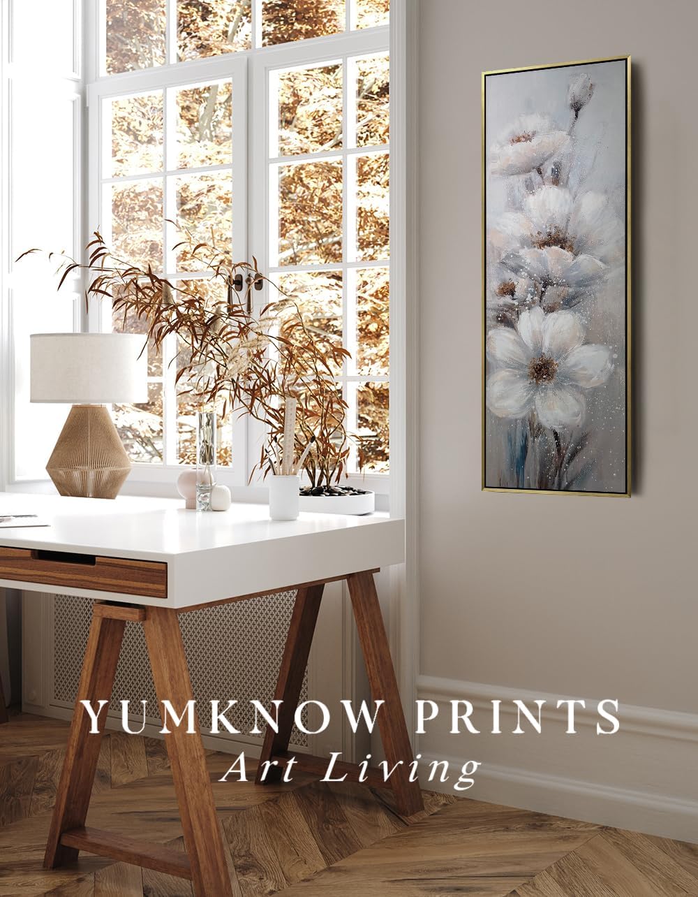 Modern White Flower Framed Canvas Wall Art, 13.5x40 Long Narrow Blue Floral Painting Wall Decor, Farmhouse Vertical Botanical Plant Wall Pictures for Office Bedroom Living Room Bathroom Kitchen