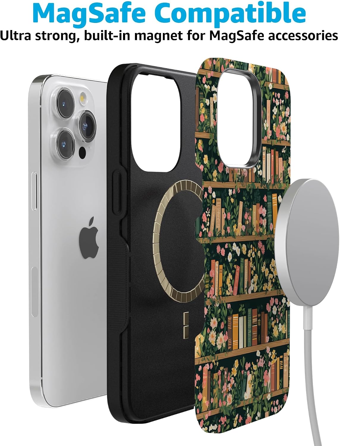 Casely iPhone 15 Pro Case | Book Nook | Floral Library | Bold Protective Design | Compatible with MagSafe